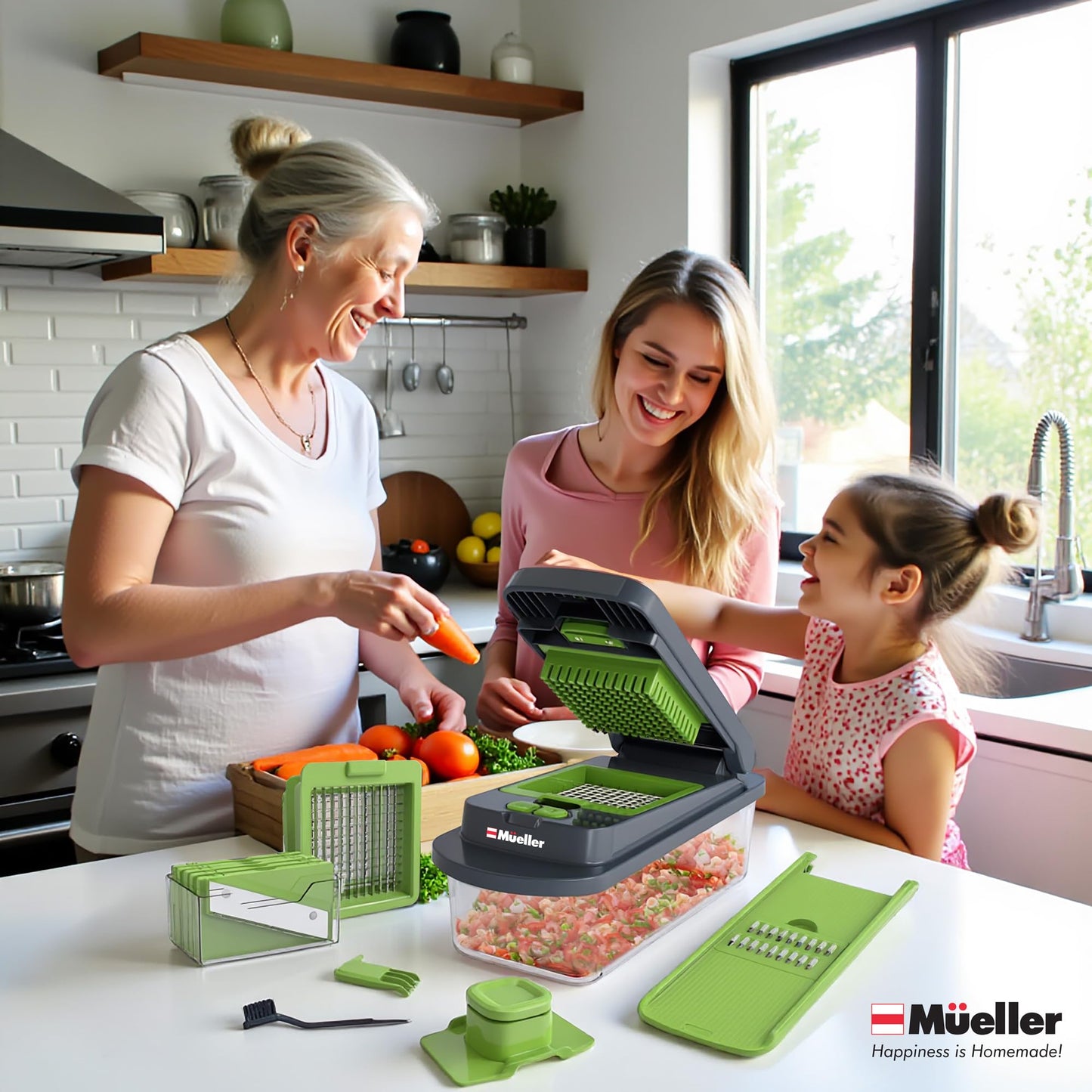 Mueller Pro-Series All-in-One, 12 Blade Mandoline Slicer for Kitchen, Food Chopper, Vegetable Slicer and Spiralizer, Cutter, Dicer, Grater, Kitchen Gadgets Sets with Container, White Sand/Gray