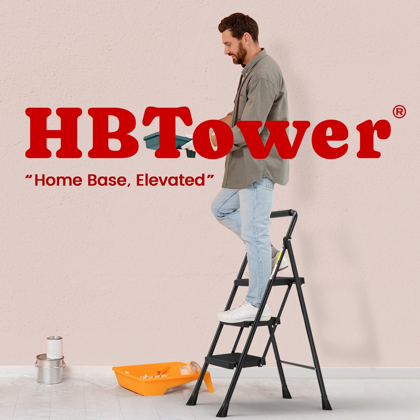 HBTower Step Ladder, Folding Step Stool with Wide Anti-Slip Pedal, Sturdy Steel Ladder, Convenient Handrail, Lightweight, Portable Steel Step Stool