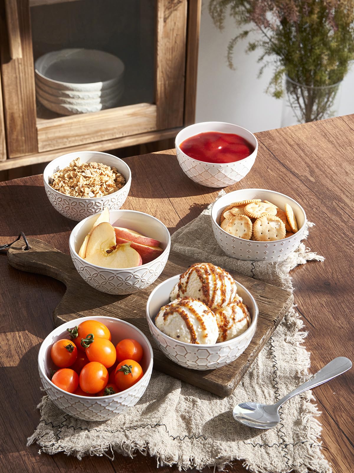 DOWAN Soup Bowls Set of 6, 22 OZ Cereal Bowls for Kitchen, 6" Ceramic Embossment Bowl for Salad, Pho, Fruits, Rice, Large Bowls Decor & Housewarming Gift, Dishwasher & Microwave Safe