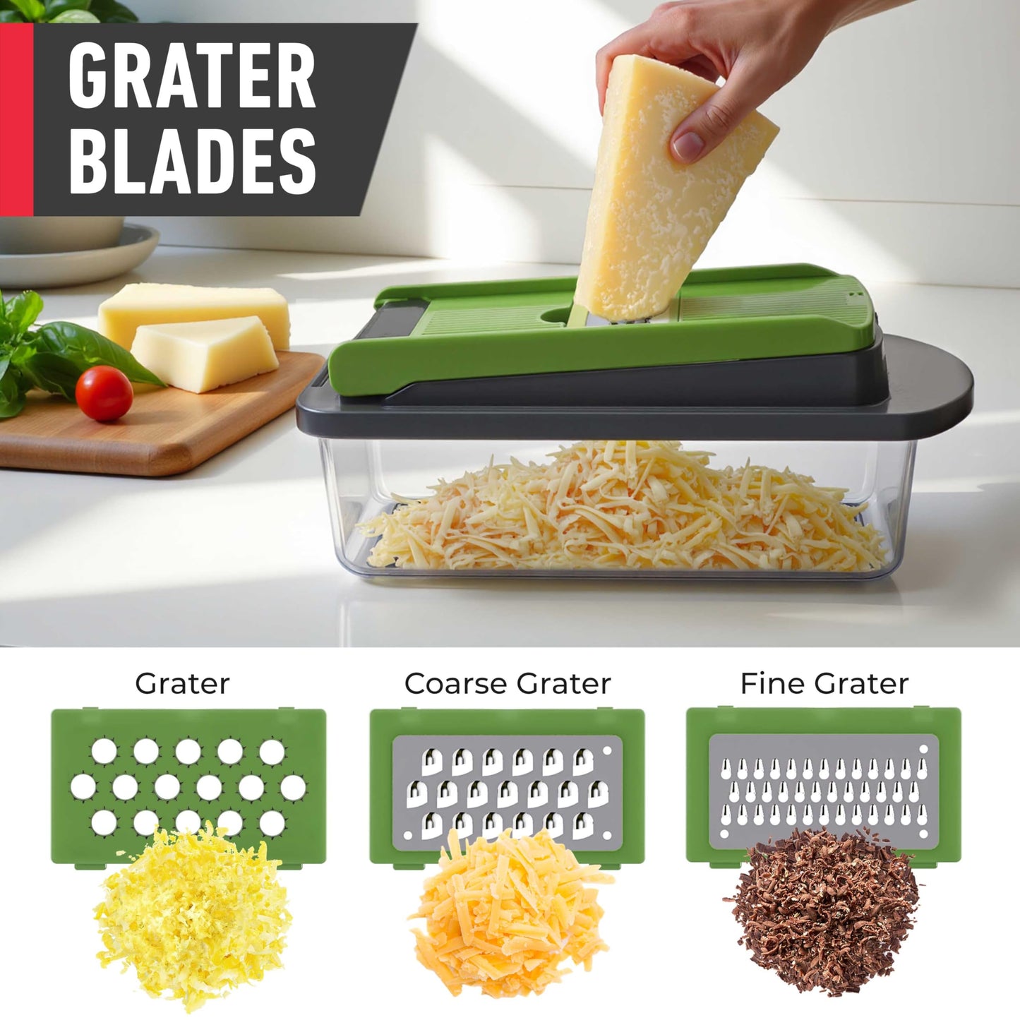 Mueller Pro-Series All-in-One, 12 Blade Mandoline Slicer for Kitchen, Food Chopper, Vegetable Slicer and Spiralizer, Cutter, Dicer, Grater, Kitchen Gadgets Sets with Container, White Sand/Gray