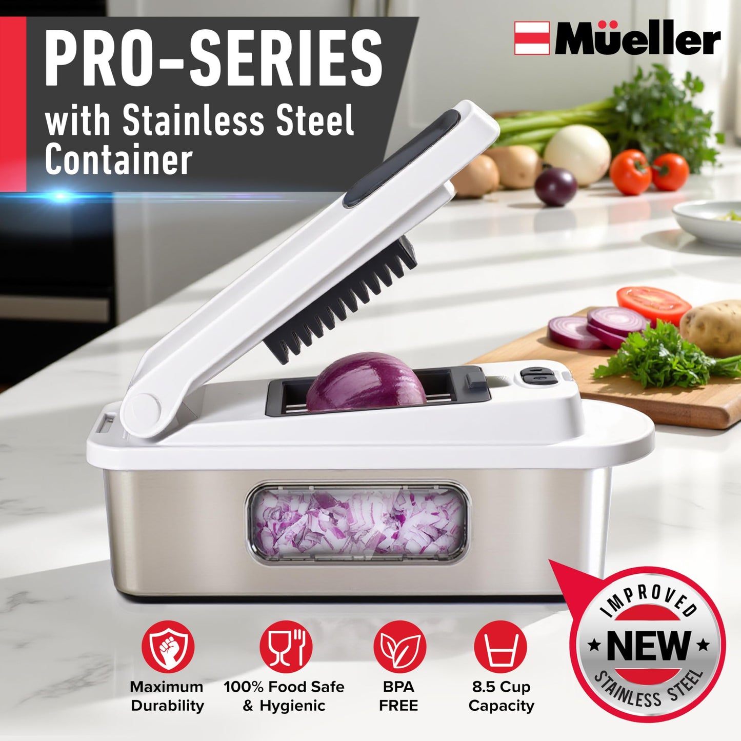 Mueller Pro-Series All-in-One, 12 Blade Mandoline Slicer for Kitchen, Food Chopper, Vegetable Slicer and Spiralizer, Cutter, Dicer, Grater, Kitchen Gadgets Sets with Container, White Sand/Gray