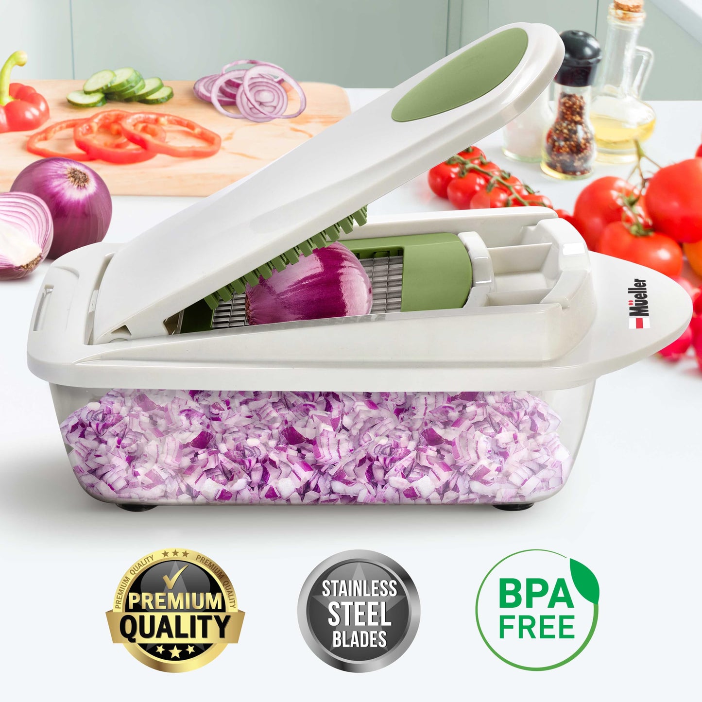 Mueller Pro-Series All-in-One, 12 Blade Mandoline Slicer for Kitchen, Food Chopper, Vegetable Slicer and Spiralizer, Cutter, Dicer, Grater, Kitchen Gadgets Sets with Container, White Sand/Gray