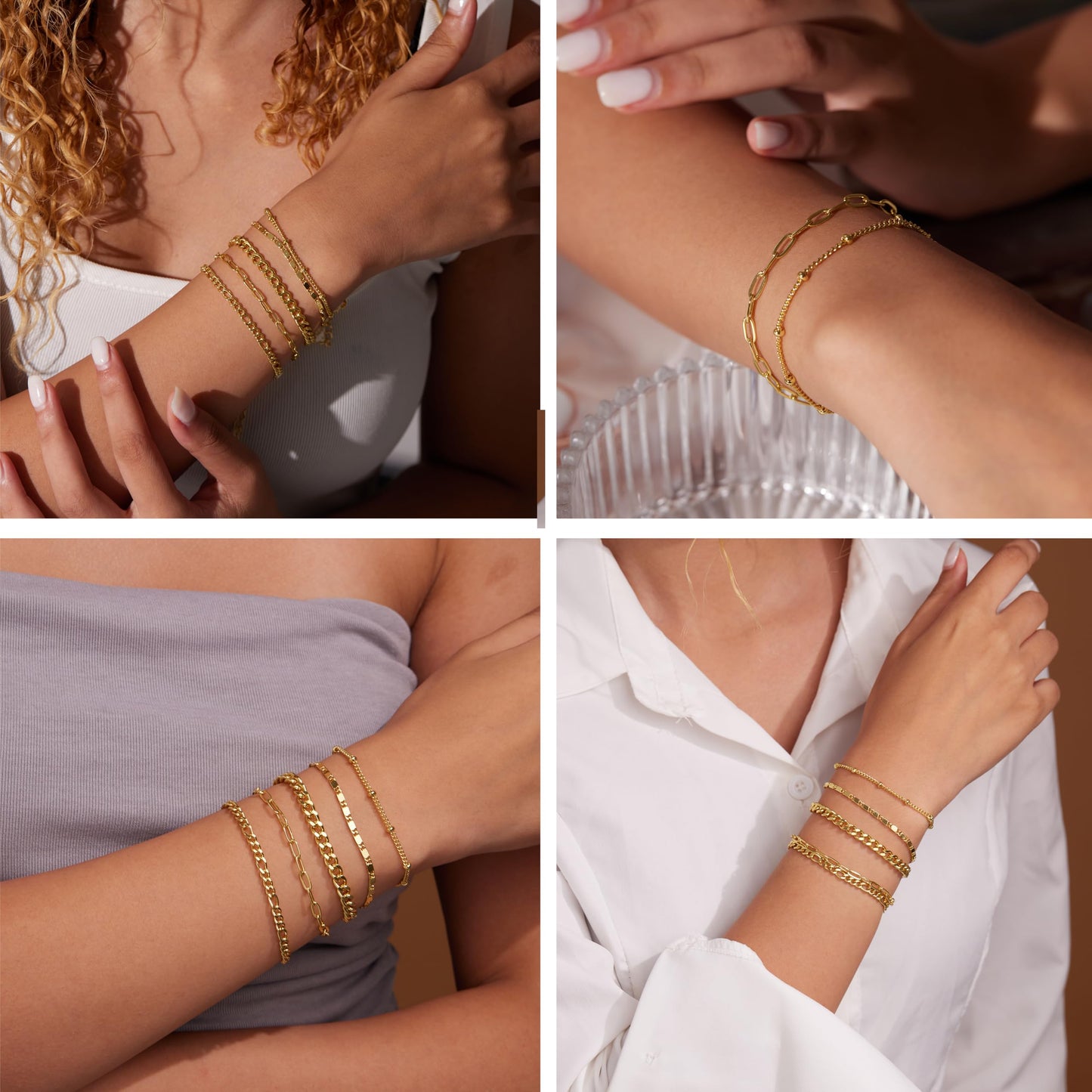 Gokeey Gold Bracelets for Women Trendy 14K Real Gold Jewelry Sets Stack Dainty Stackable Paperclip Cuban Figaro Chain Bracelets Pack Layered Link Chain Bracelet for Women Cute 5pcs Adjustable
