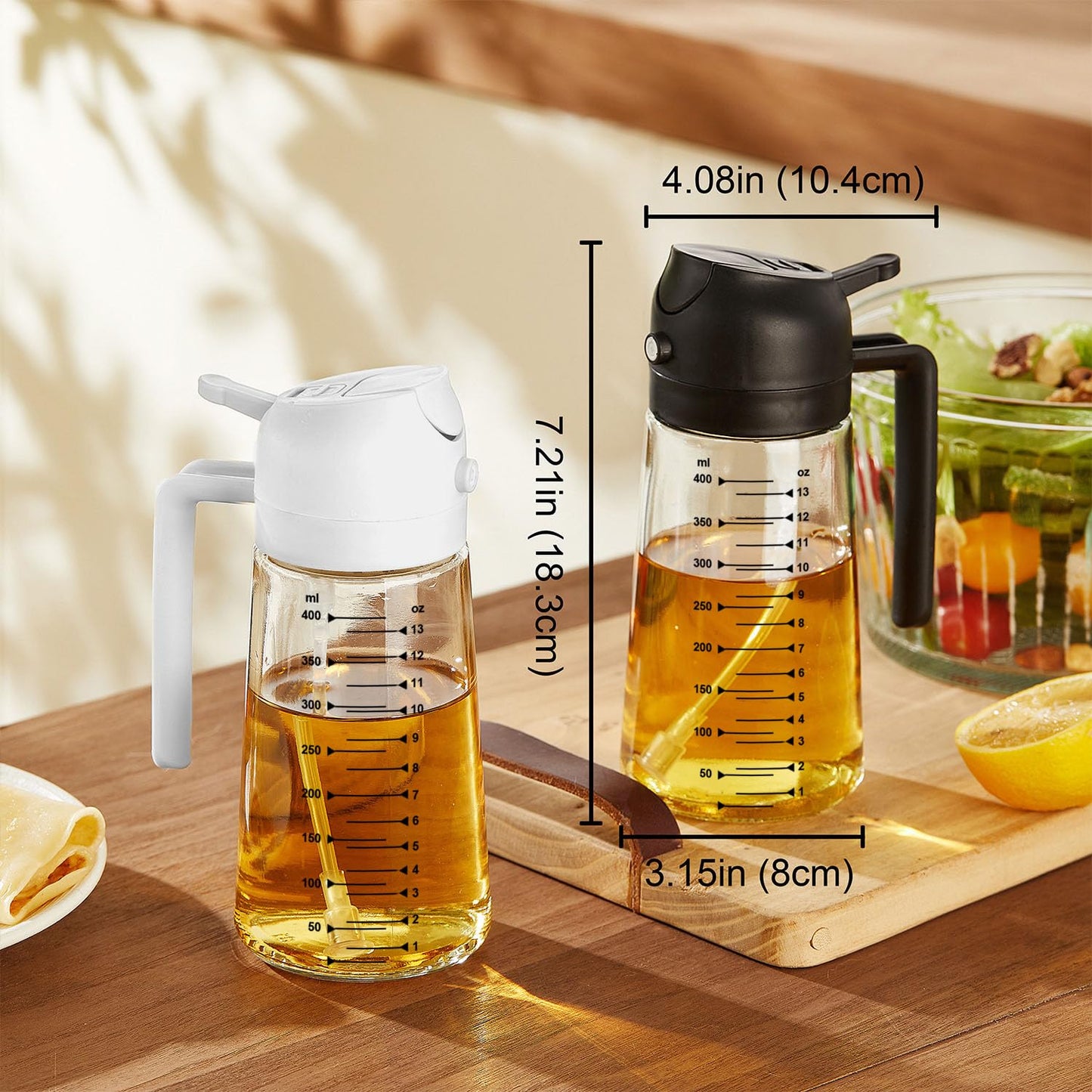 TrendPlain 16oz/470ml Glass Olive Oil Sprayer for Cooking – 2 in 1 Olive Oil Dispenser Bottle for Kitchen Gadgets and Air Fryer Accessories, Salad, BBQ - Black