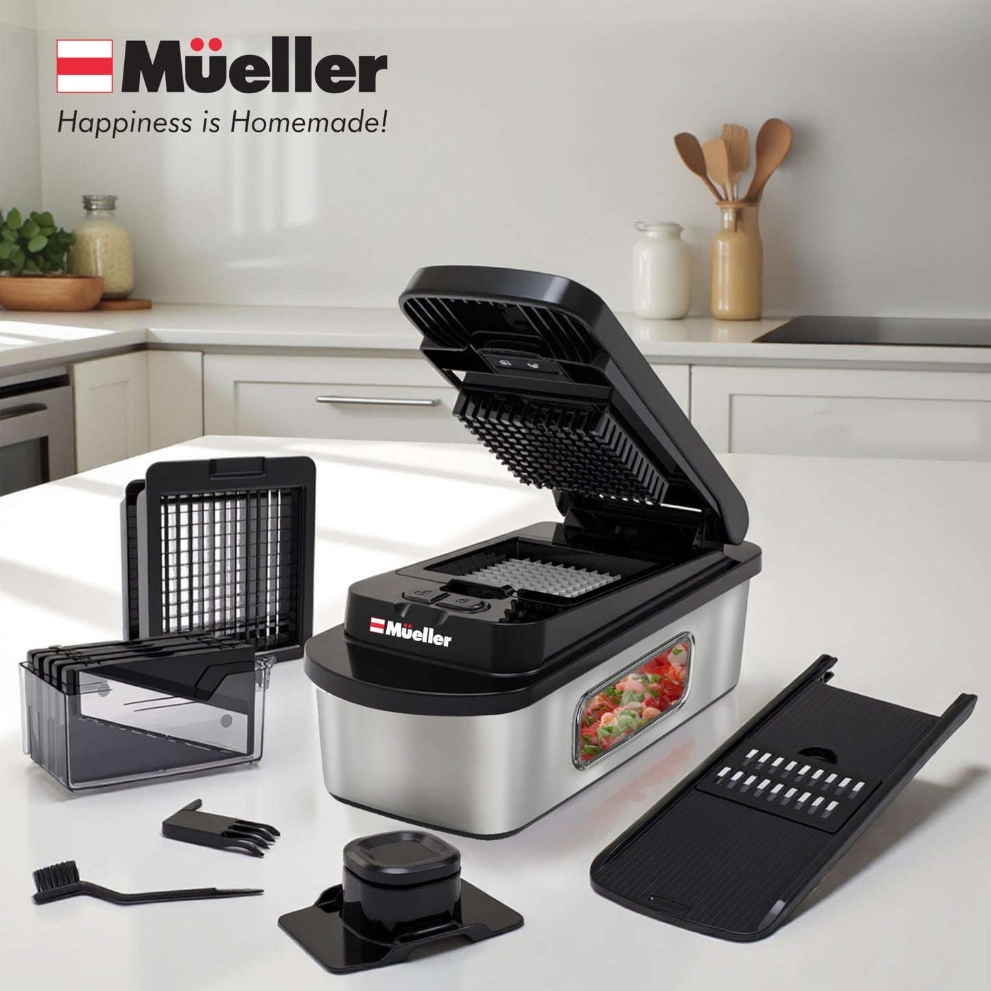 Mueller Pro-Series All-in-One, 12 Blade Mandoline Slicer for Kitchen, Food Chopper, Vegetable Slicer and Spiralizer, Cutter, Dicer, Grater, Kitchen Gadgets Sets with Container, White Sand/Gray