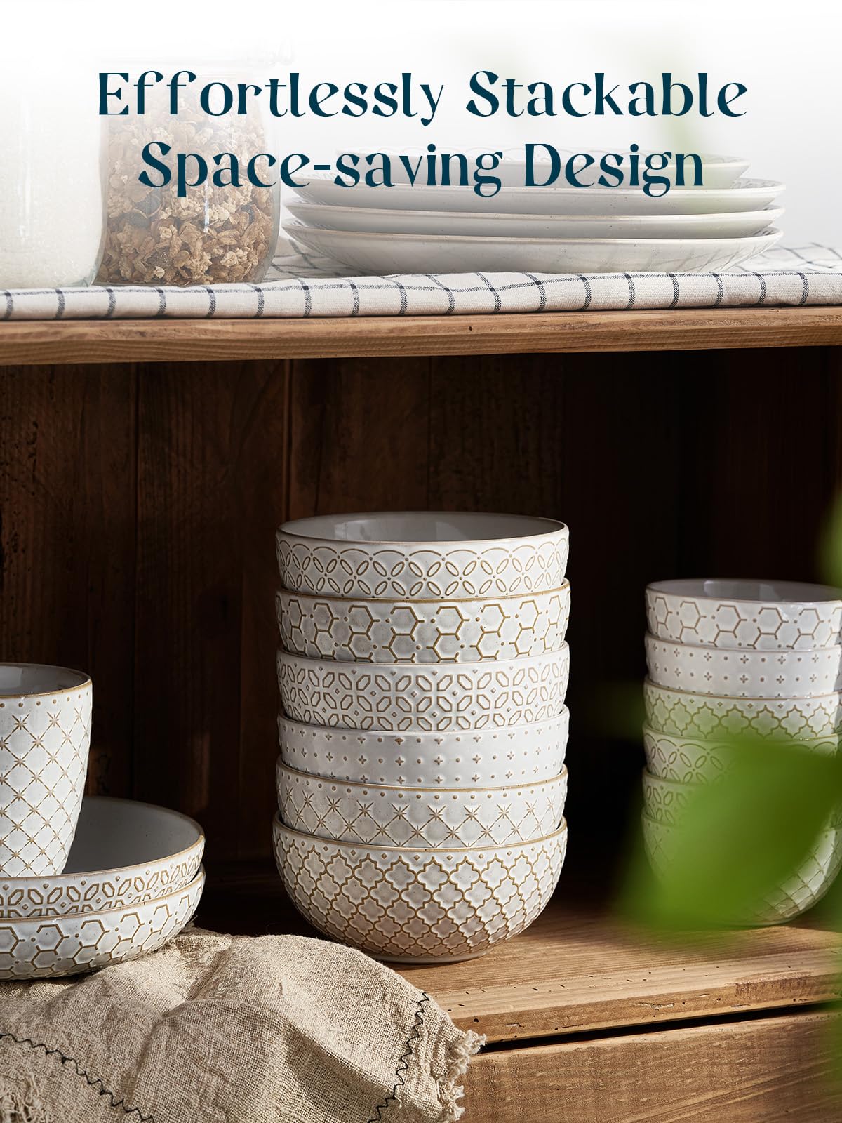 DOWAN Soup Bowls Set of 6, 22 OZ Cereal Bowls for Kitchen, 6" Ceramic Embossment Bowl for Salad, Pho, Fruits, Rice, Large Bowls Decor & Housewarming Gift, Dishwasher & Microwave Safe
