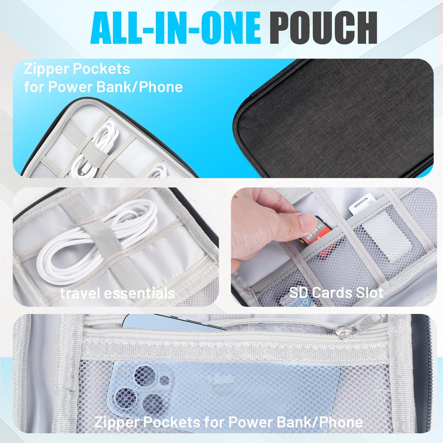 YONSEN Travel Cable Organizer Bag, Electronics Organizer Travel Case with Double Layers for Cords, Chargers, Phone, Earphones, USBs, SD Cards - Travel Essentials Portable Waterproof Tech Pouch