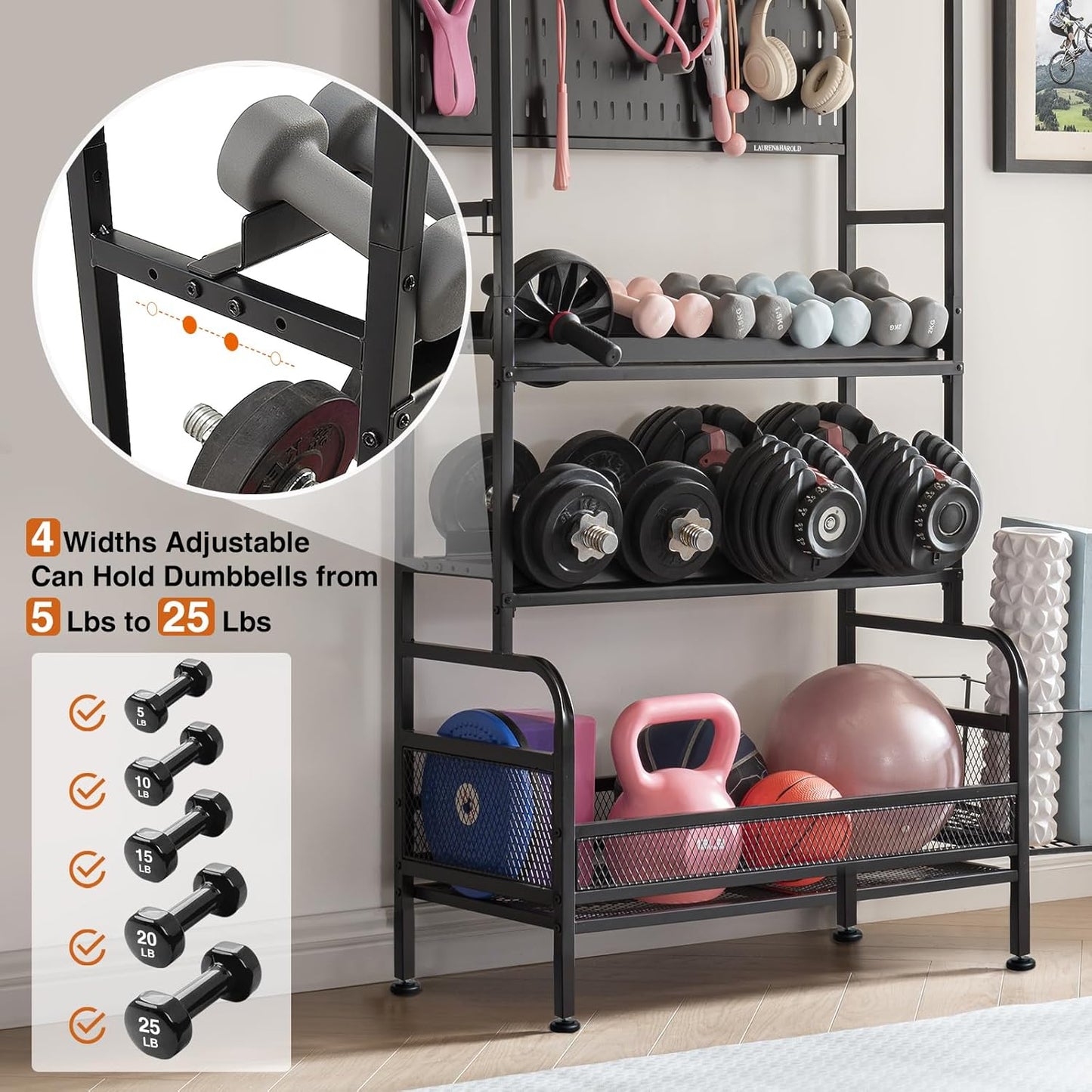 56'' Taller Home Gym Storage Organizer, Yoga Mat Storage Rack with Hanging Board, Exercise Workout Equipment Storage Stand for Home Gym, Dumbbell Holder Kettlebell Rack with Wheels and Hooks