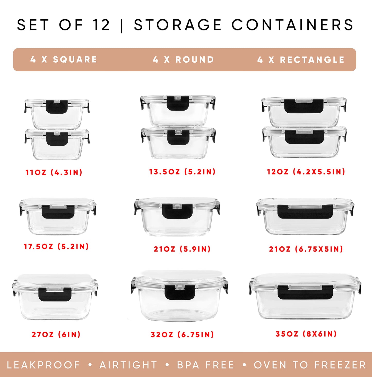 JoyJolt 24pc Borosilicate Glass Storage Containers with Lids | 12 Airtight/Freezer Safe Food Storage Containers for Pantry and Kitchen | Meal Prep Container for Lunch | Glass Tupperware Set