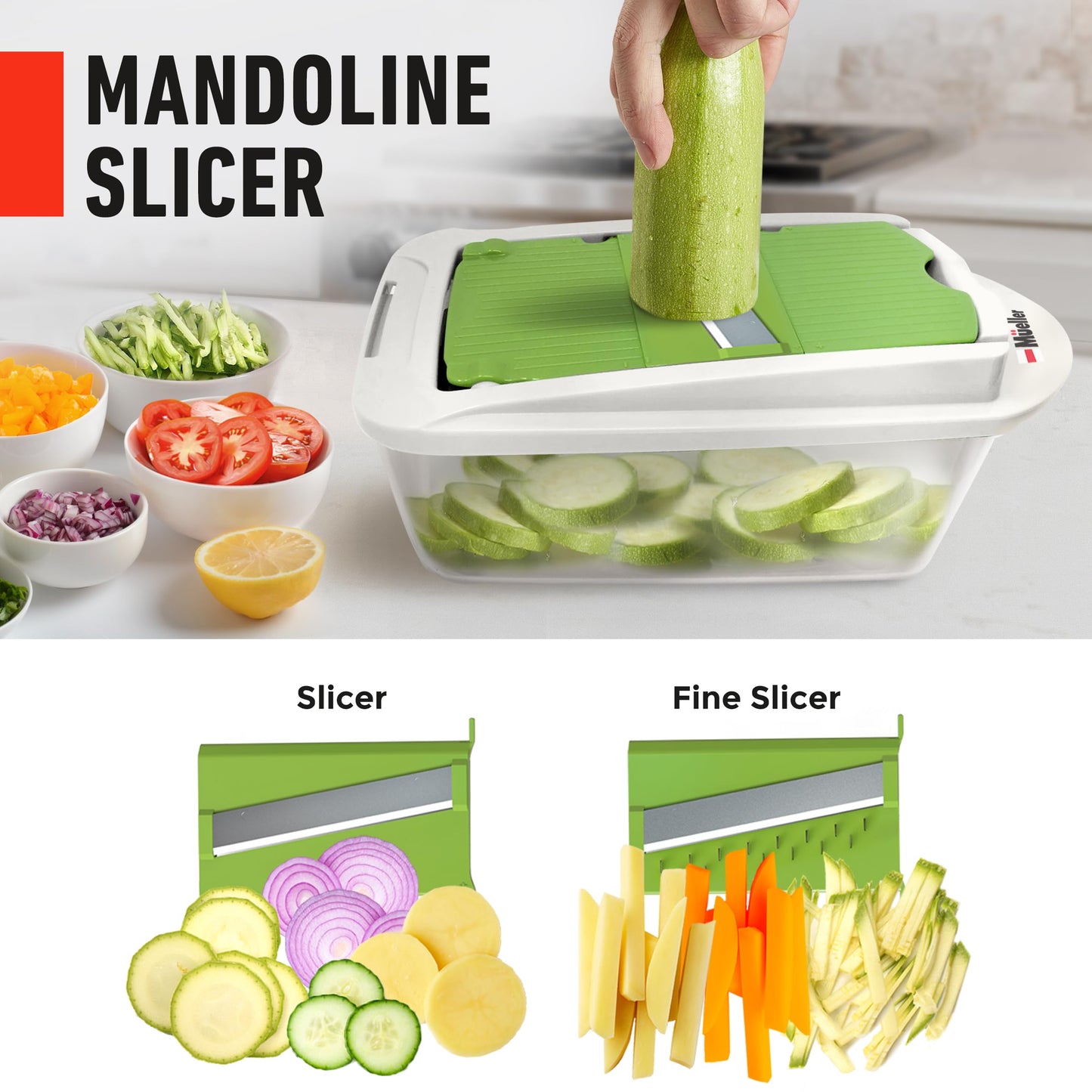 Mueller Pro-Series All-in-One, 12 Blade Mandoline Slicer for Kitchen, Food Chopper, Vegetable Slicer and Spiralizer, Cutter, Dicer, Grater, Kitchen Gadgets Sets with Container, White Sand/Gray