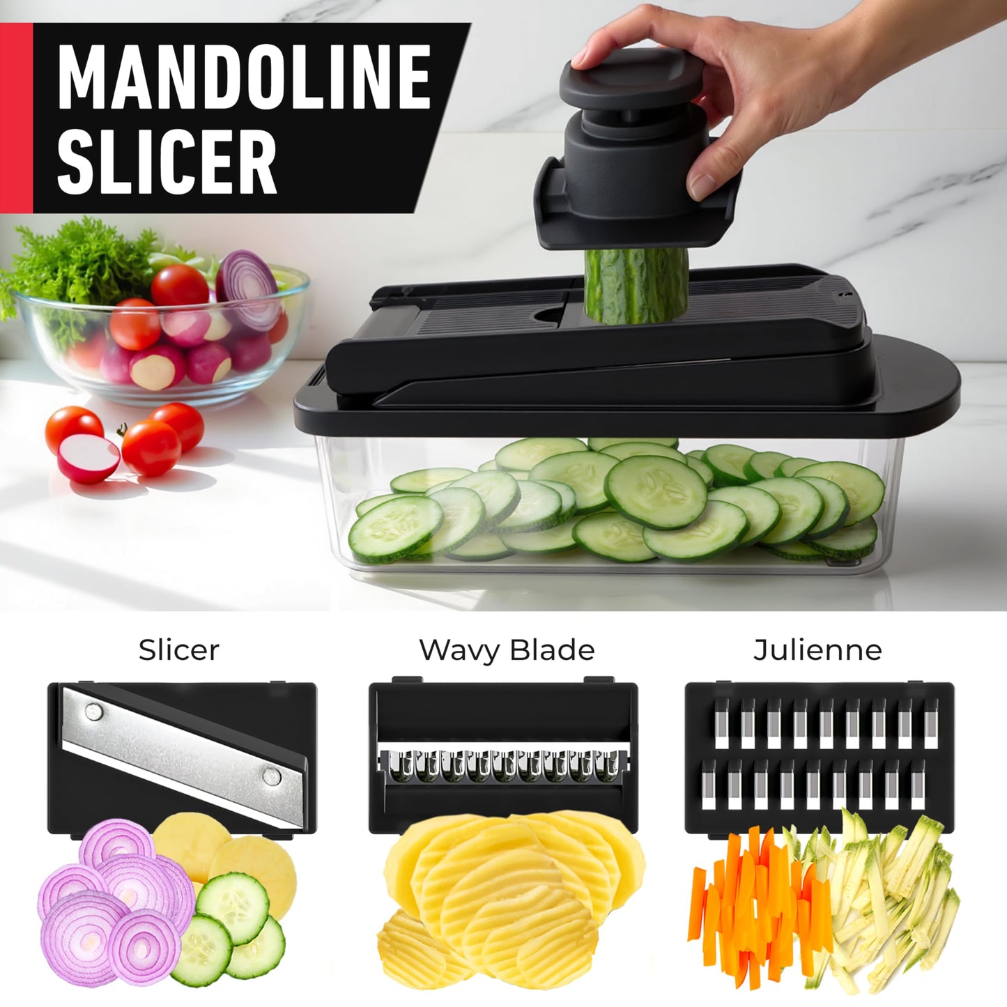 Mueller Pro-Series All-in-One, 12 Blade Mandoline Slicer for Kitchen, Food Chopper, Vegetable Slicer and Spiralizer, Cutter, Dicer, Grater, Kitchen Gadgets Sets with Container, White Sand/Gray