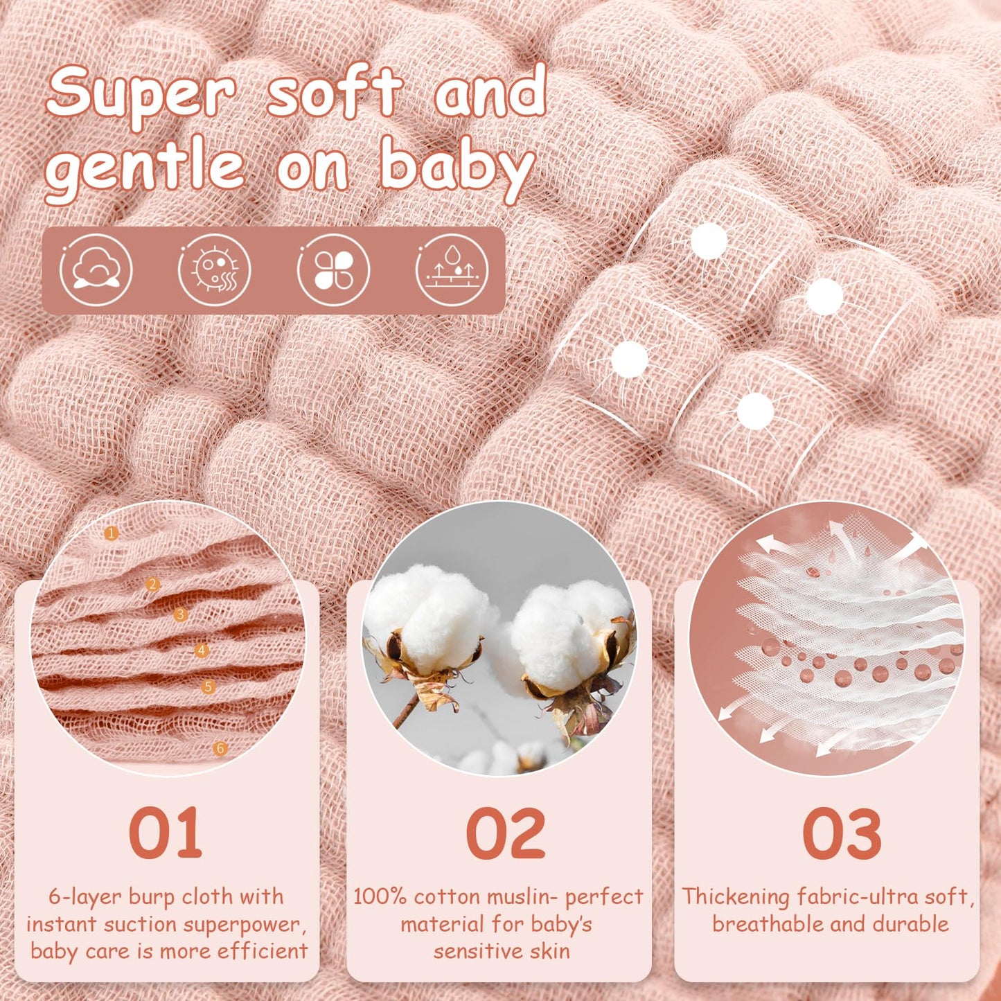 Looxii Muslin Burp Cloths Baby Girl 6 Pack - 20" x 10" - Ultra Soft & Absorbent, 6-Layer 100% Cotton for Spit Up & Drool- Gentle Baby Burping Cloth, Newborn Essentials Shower Gift Girl, Gradient Pink
