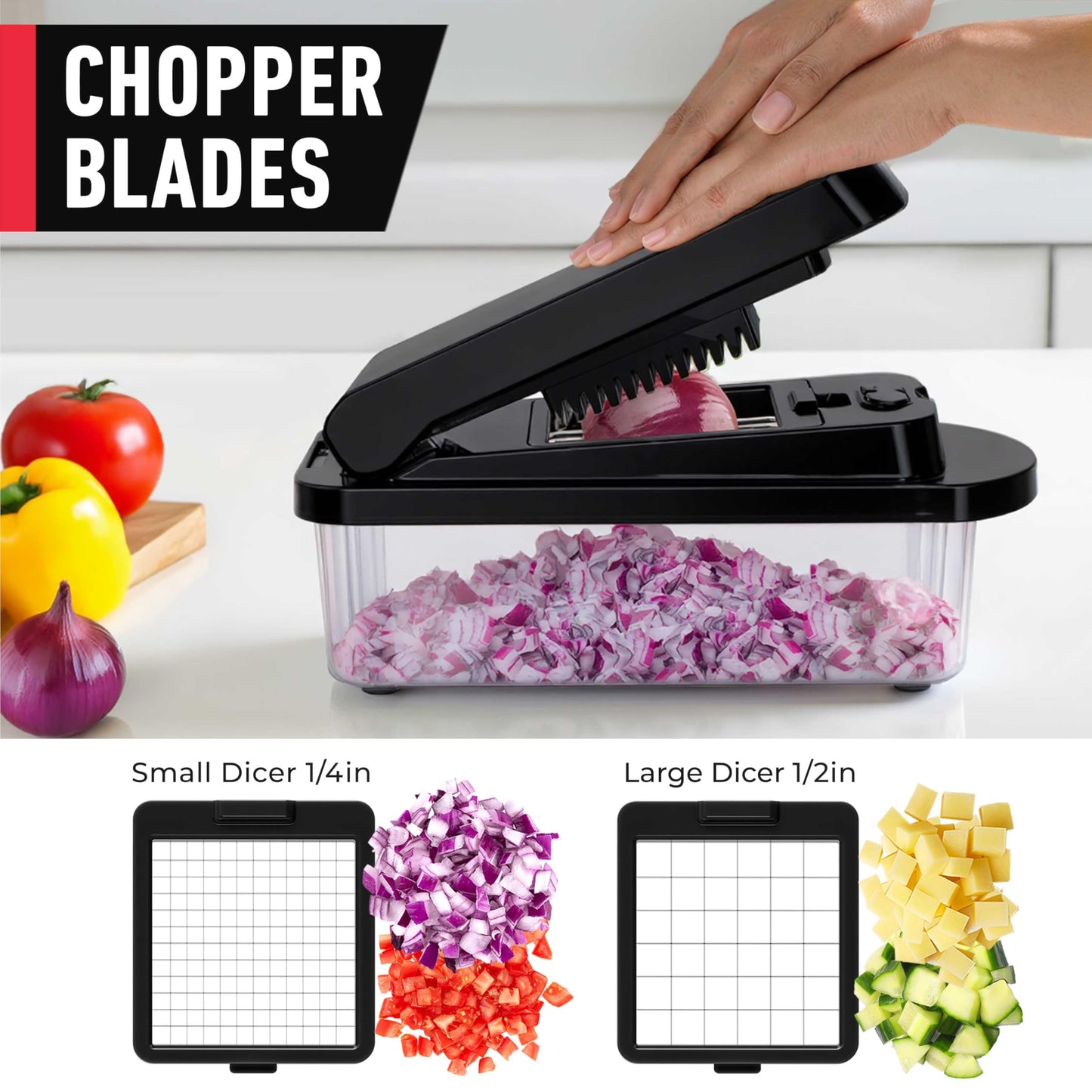 Mueller Pro-Series All-in-One, 12 Blade Mandoline Slicer for Kitchen, Food Chopper, Vegetable Slicer and Spiralizer, Cutter, Dicer, Grater, Kitchen Gadgets Sets with Container, White Sand/Gray