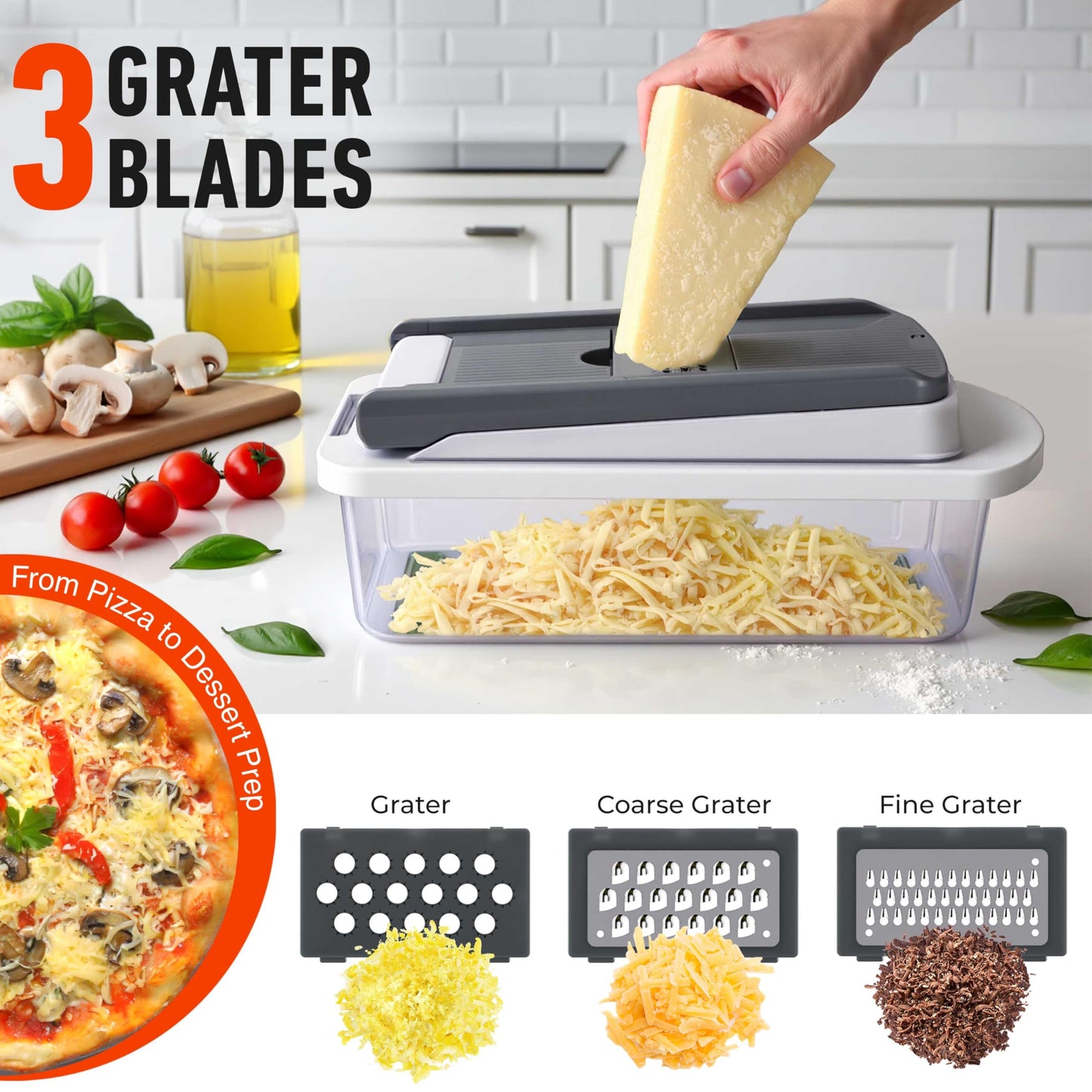Mueller Pro-Series All-in-One, 12 Blade Mandoline Slicer for Kitchen, Food Chopper, Vegetable Slicer and Spiralizer, Cutter, Dicer, Grater, Kitchen Gadgets Sets with Container, White Sand/Gray