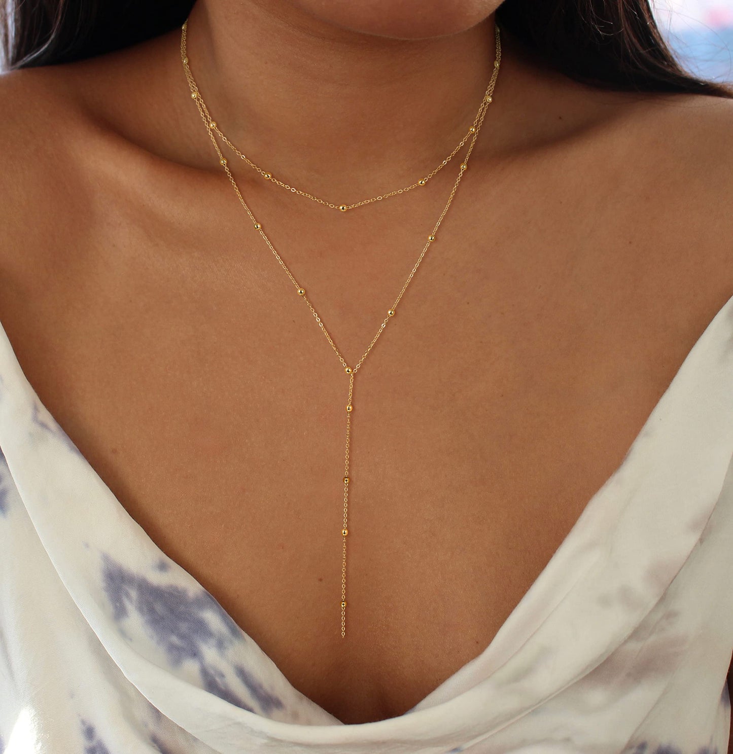Foxgirl Dainty Long Gold Necklaces for Women, Trendy Lariat Y Necklace 14k Gold Plated Layered Beaded Drop Necklaces Simple Handmade Bar CZ Pendant Y-Shaped Chain Jewelry Gift Wedding
