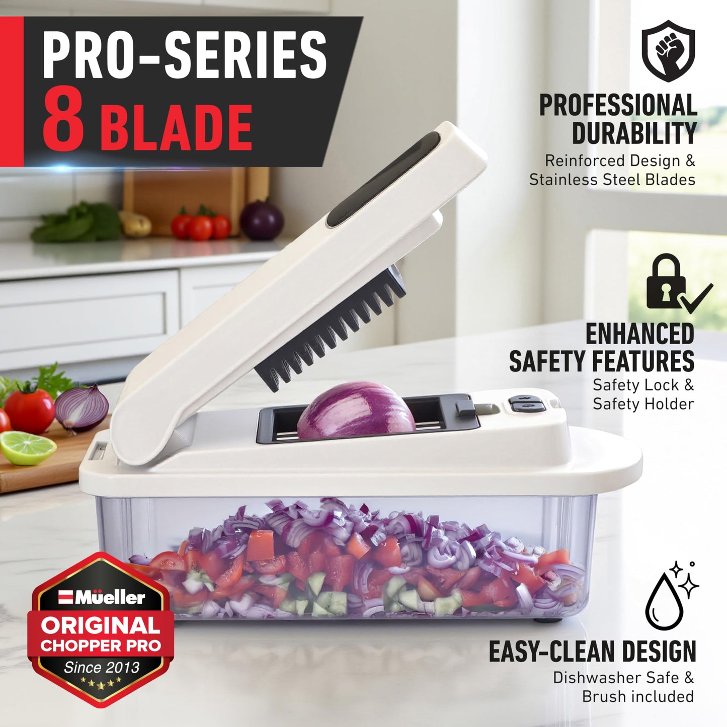 Mueller Pro-Series All-in-One, 12 Blade Mandoline Slicer for Kitchen, Food Chopper, Vegetable Slicer and Spiralizer, Cutter, Dicer, Grater, Kitchen Gadgets Sets with Container, White Sand/Gray
