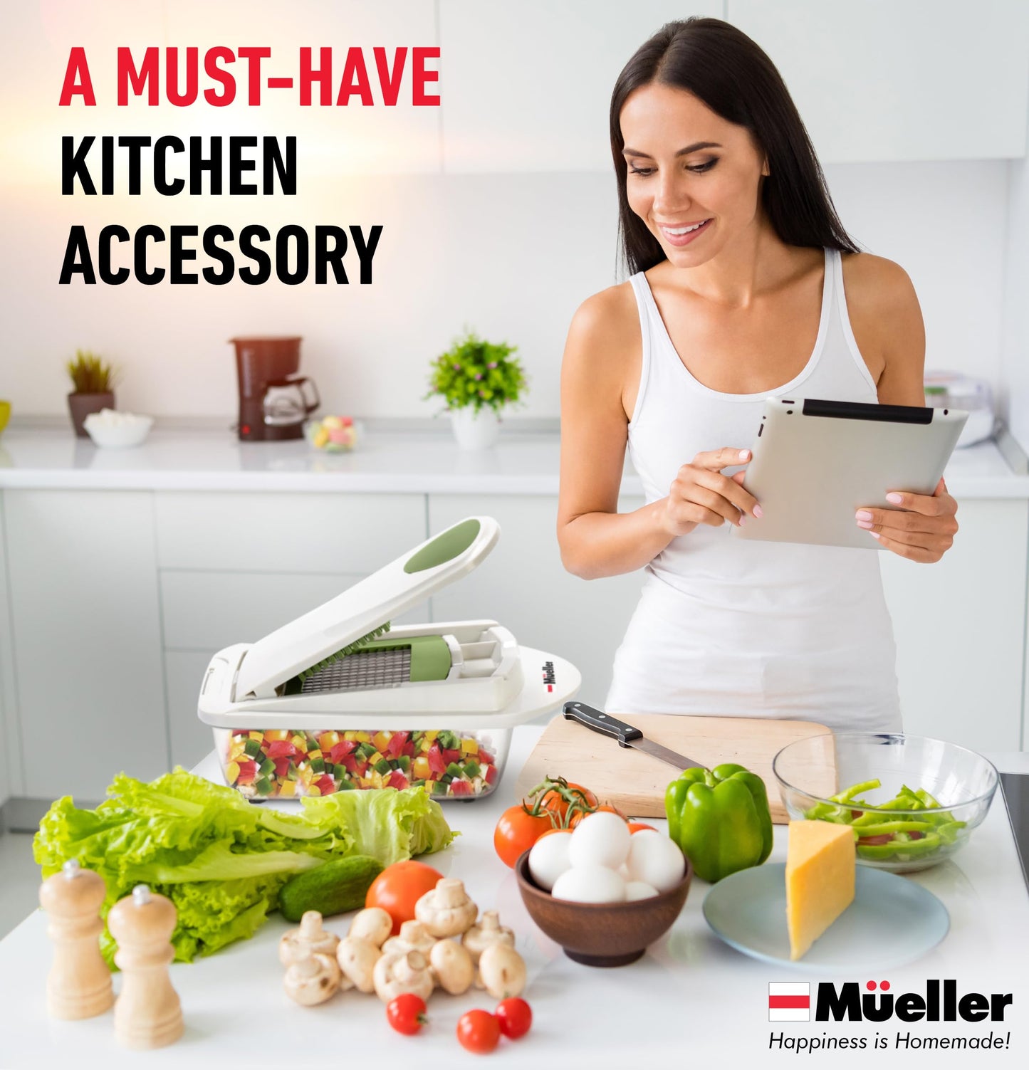 Mueller Pro-Series All-in-One, 12 Blade Mandoline Slicer for Kitchen, Food Chopper, Vegetable Slicer and Spiralizer, Cutter, Dicer, Grater, Kitchen Gadgets Sets with Container, White Sand/Gray
