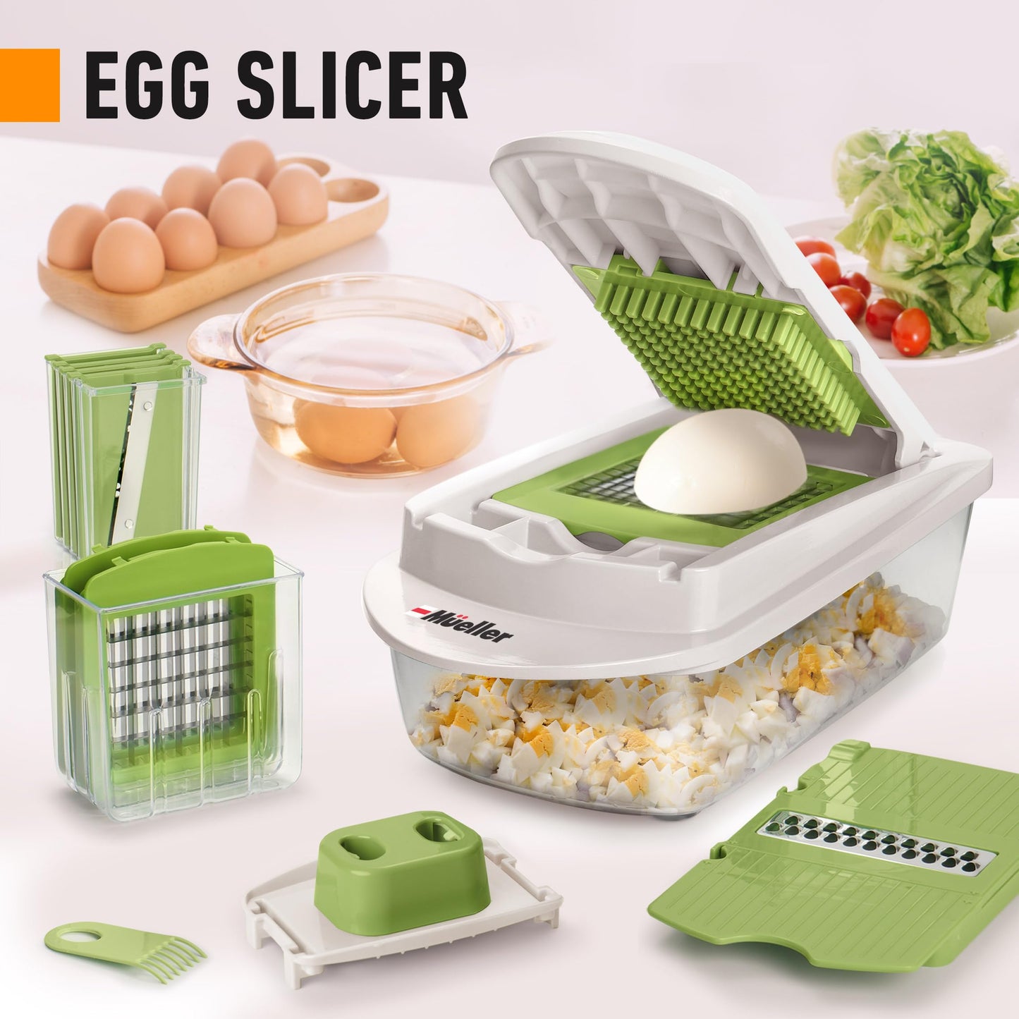 Mueller Pro-Series All-in-One, 12 Blade Mandoline Slicer for Kitchen, Food Chopper, Vegetable Slicer and Spiralizer, Cutter, Dicer, Grater, Kitchen Gadgets Sets with Container, White Sand/Gray