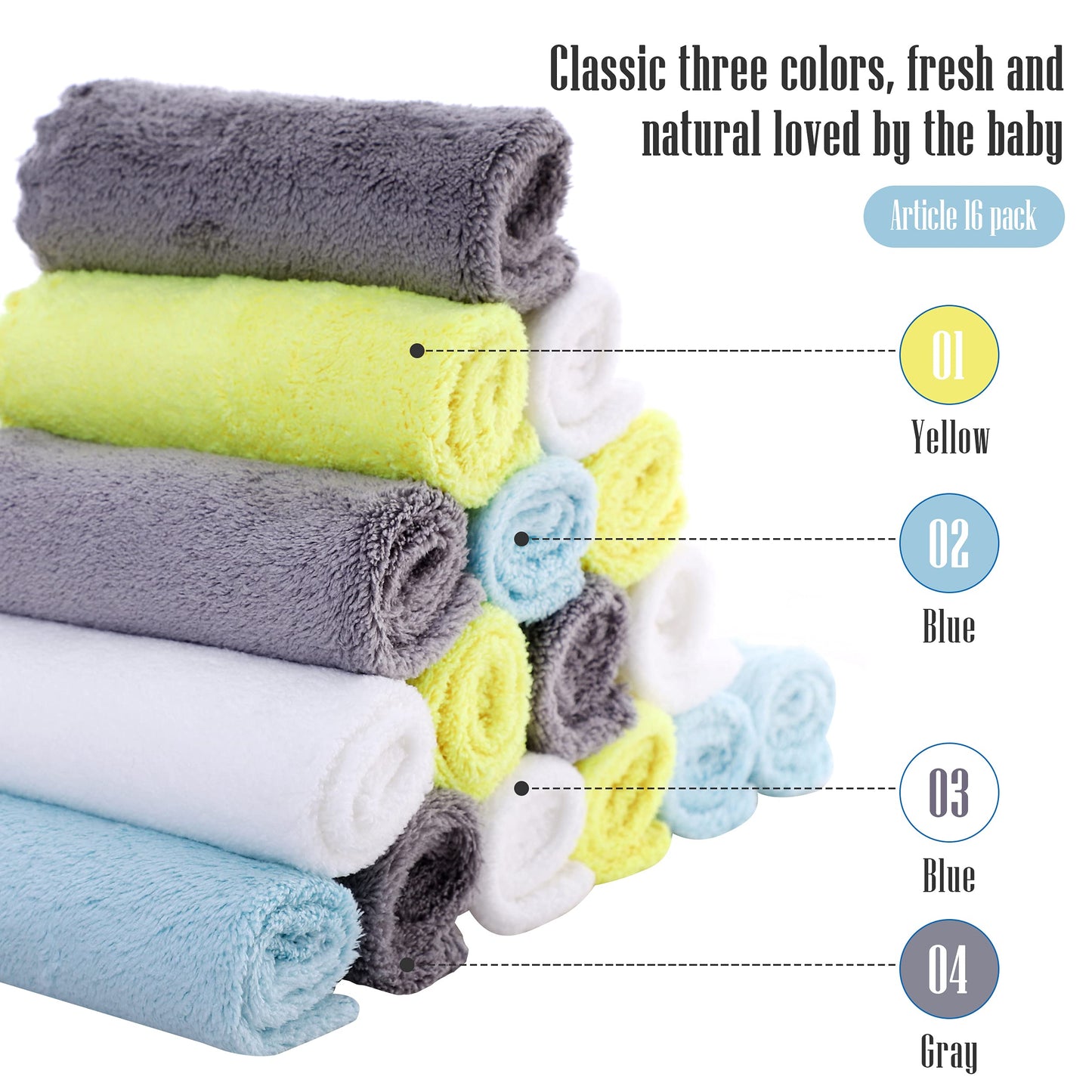 Cute Castle Ultra-Soft Baby Washcloths, 16 Pack - 9" by 9", Gentle on Sensitive Skin for Face and Body, Plush, Super Absorbent Wash Clothes for Girls and Boys