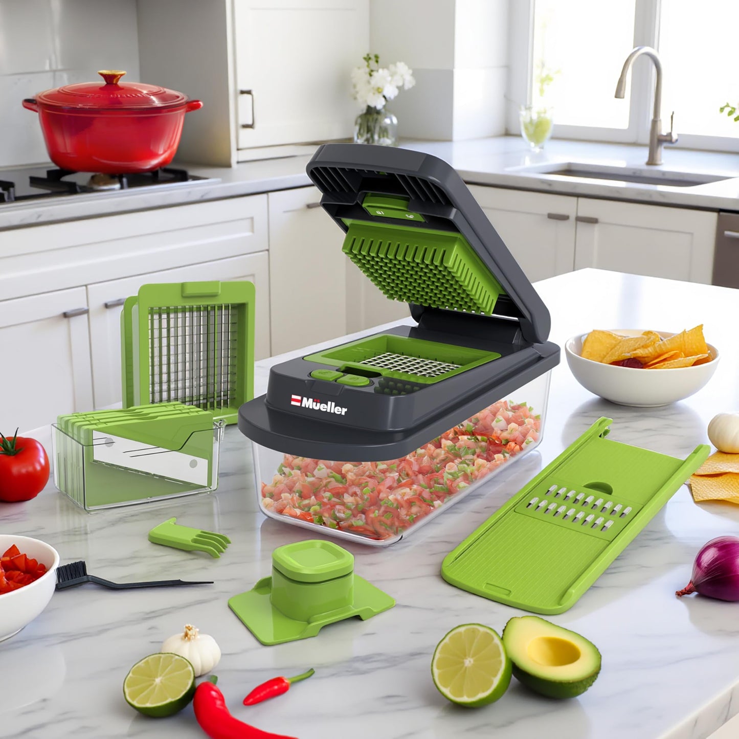 Mueller Pro-Series All-in-One, 12 Blade Mandoline Slicer for Kitchen, Food Chopper, Vegetable Slicer and Spiralizer, Cutter, Dicer, Grater, Kitchen Gadgets Sets with Container, White Sand/Gray
