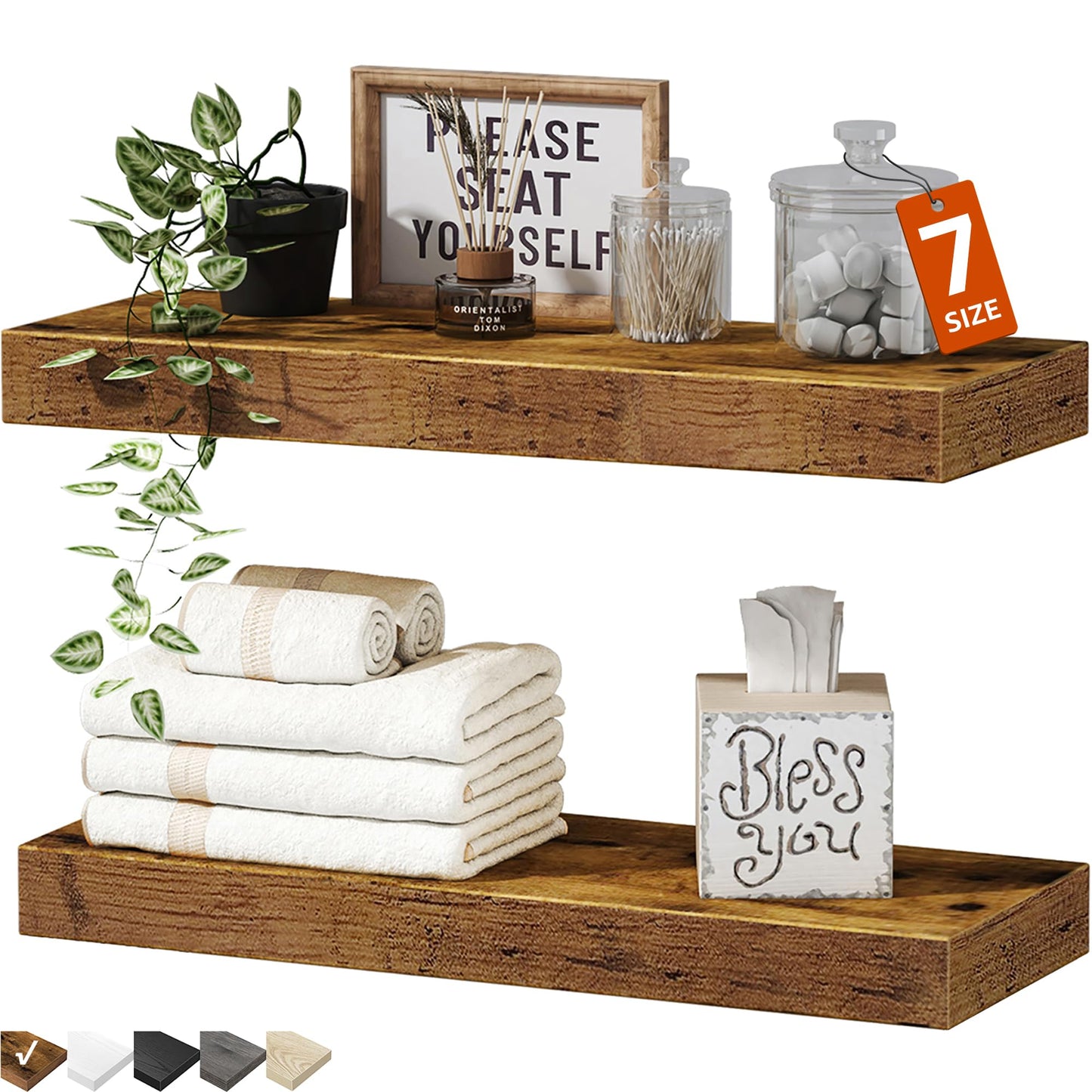 QEEIG Bathroom Floating Shelves for Wall Mounted Shelf Over Toilet Farmhouse Home Decor Display Shelving Small 16 inch Set of 2, Rustic Brown (008-40BN)