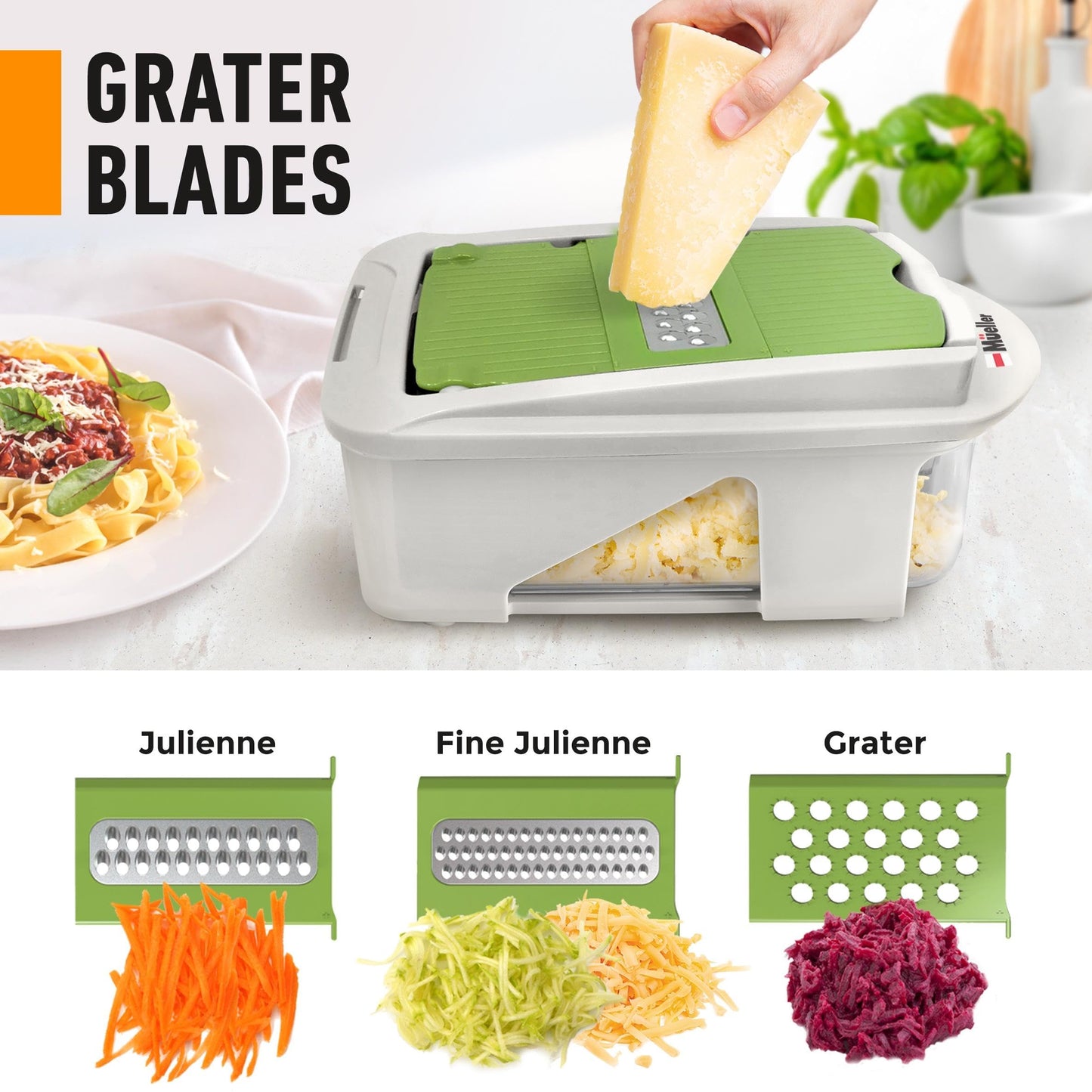 Mueller Pro-Series All-in-One, 12 Blade Mandoline Slicer for Kitchen, Food Chopper, Vegetable Slicer and Spiralizer, Cutter, Dicer, Grater, Kitchen Gadgets Sets with Container, White Sand/Gray