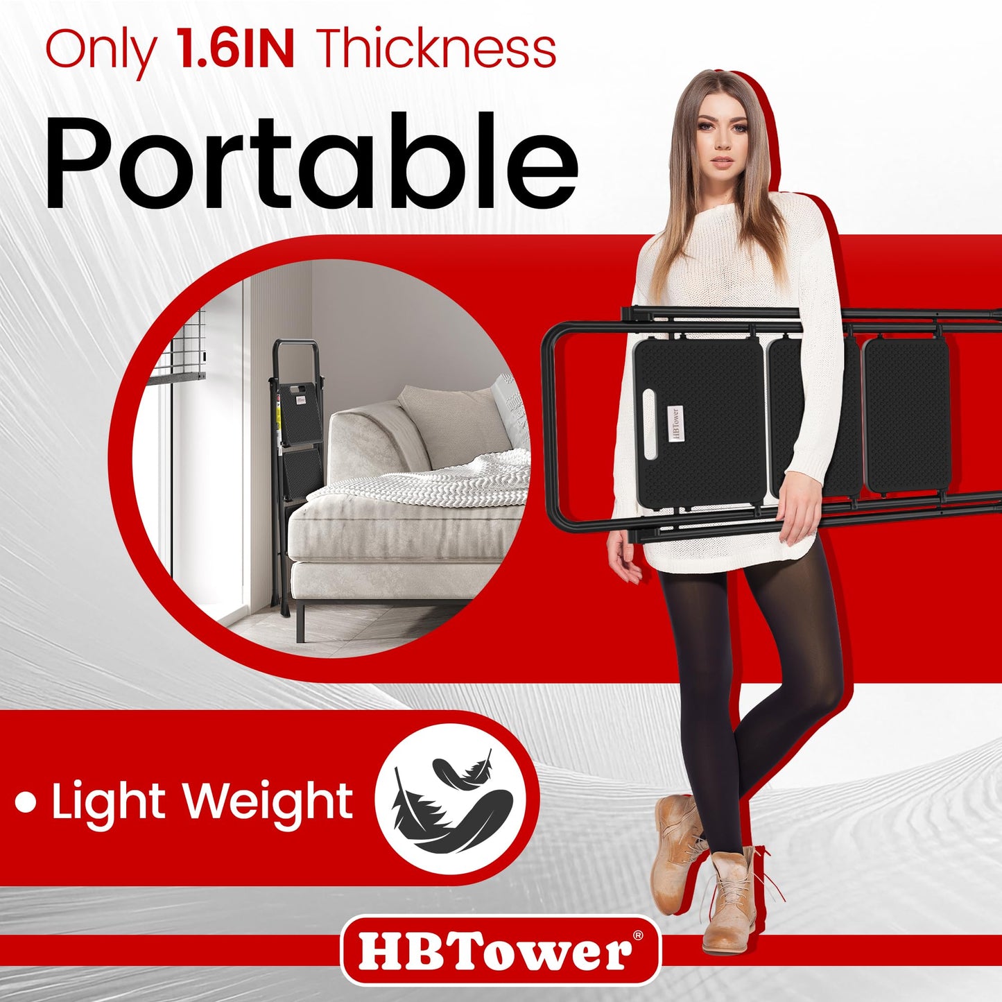 HBTower Step Ladder, Folding Step Stool with Wide Anti-Slip Pedal, Sturdy Steel Ladder, Convenient Handrail, Lightweight, Portable Steel Step Stool