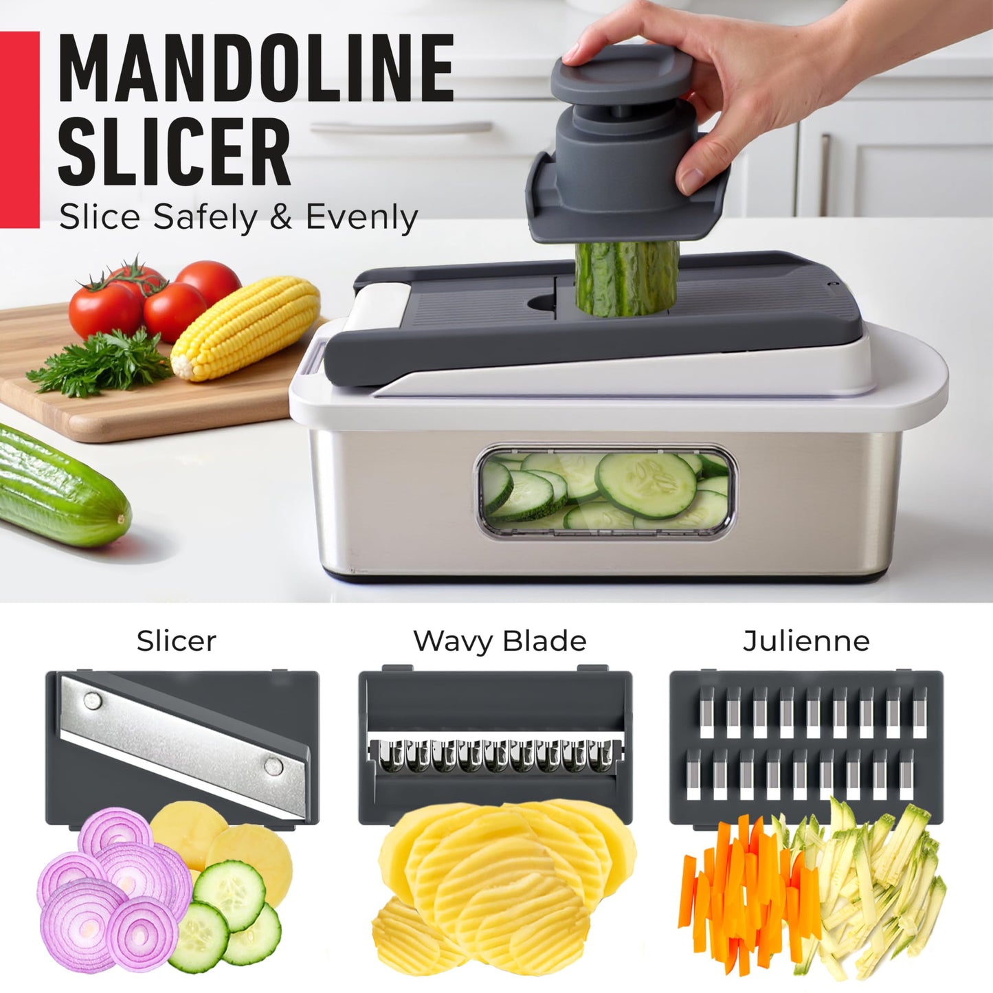 Mueller Pro-Series All-in-One, 12 Blade Mandoline Slicer for Kitchen, Food Chopper, Vegetable Slicer and Spiralizer, Cutter, Dicer, Grater, Kitchen Gadgets Sets with Container, White Sand/Gray