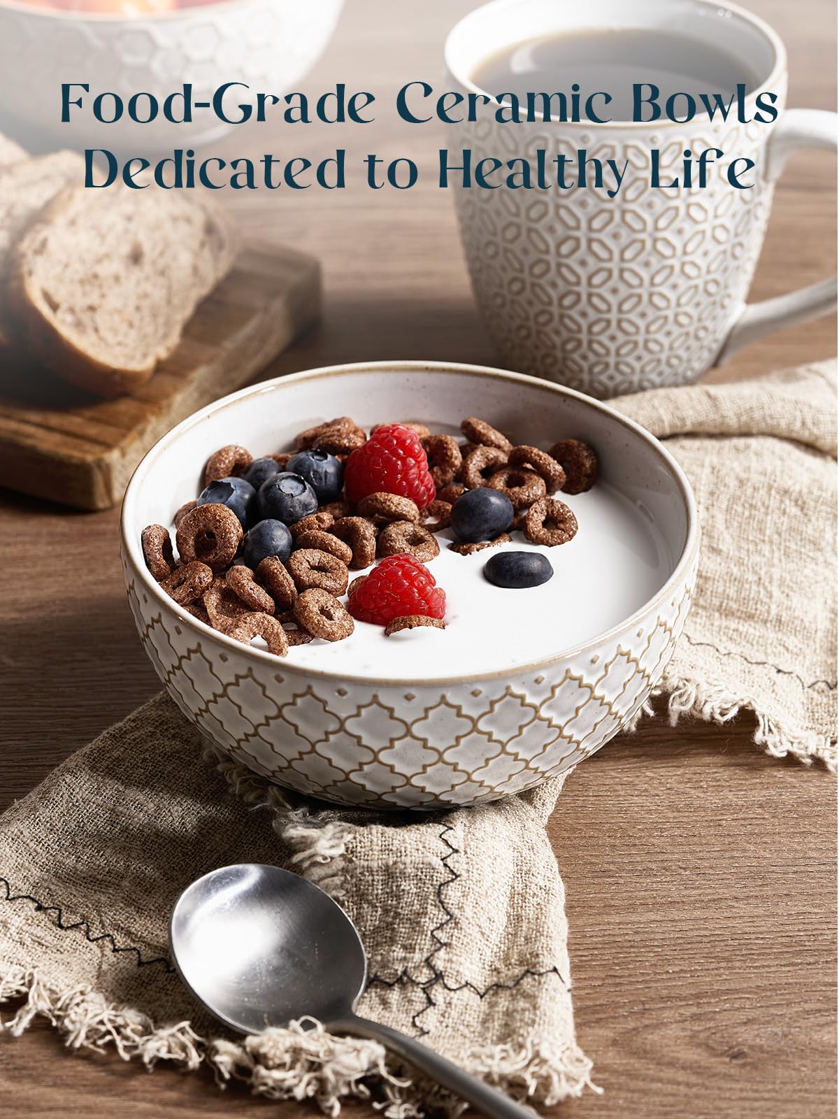 DOWAN Soup Bowls Set of 6, 22 OZ Cereal Bowls for Kitchen, 6" Ceramic Embossment Bowl for Salad, Pho, Fruits, Rice, Large Bowls Decor & Housewarming Gift, Dishwasher & Microwave Safe