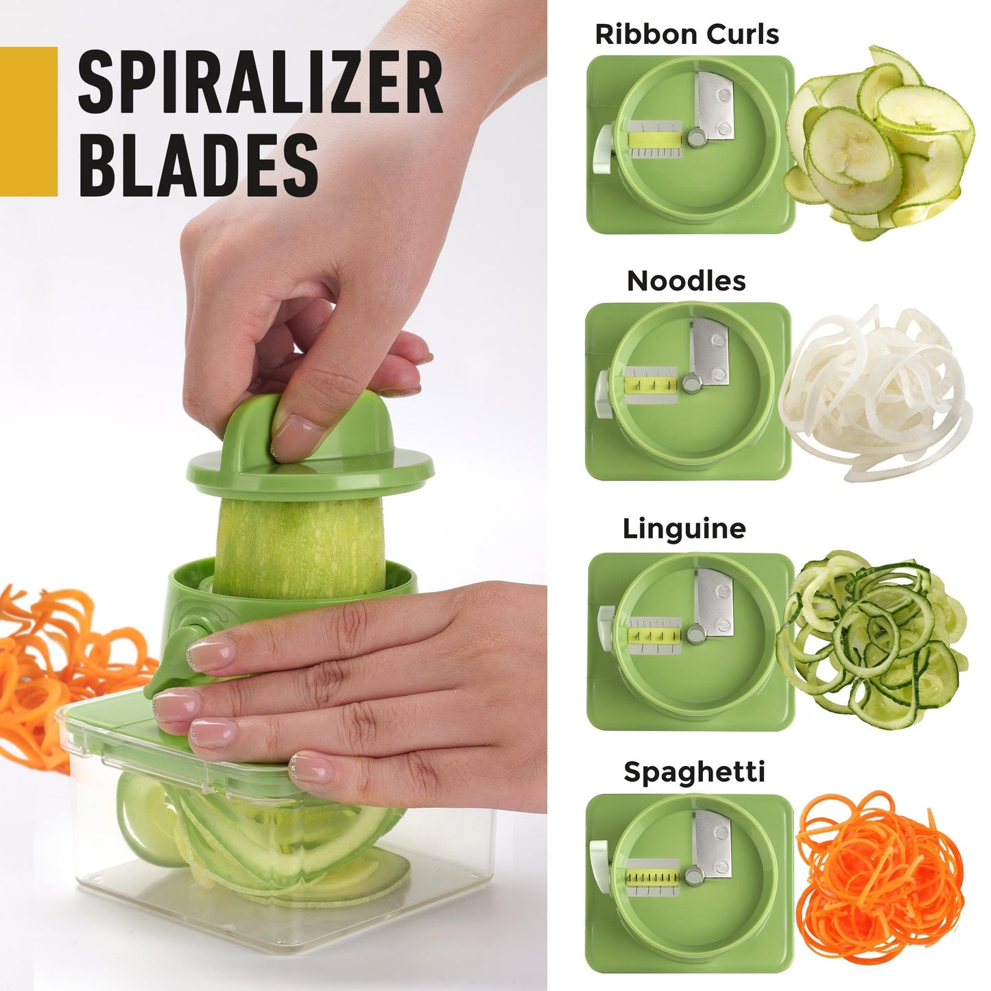 Mueller Pro-Series All-in-One, 12 Blade Mandoline Slicer for Kitchen, Food Chopper, Vegetable Slicer and Spiralizer, Cutter, Dicer, Grater, Kitchen Gadgets Sets with Container, White Sand/Gray