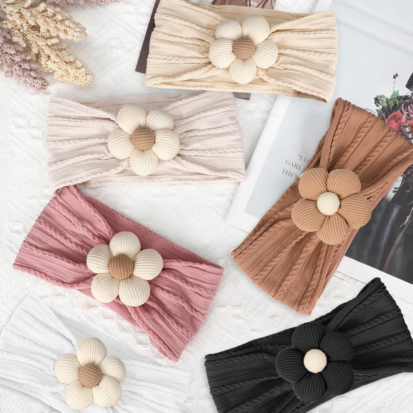 MIUXUESO 3 Pcs Baby Flower Headbands Baby Girls Nylon Headband Soft Hairbands Hair Accessories for Newborn Infant Toddler Kids (Beige Pink Khaki)