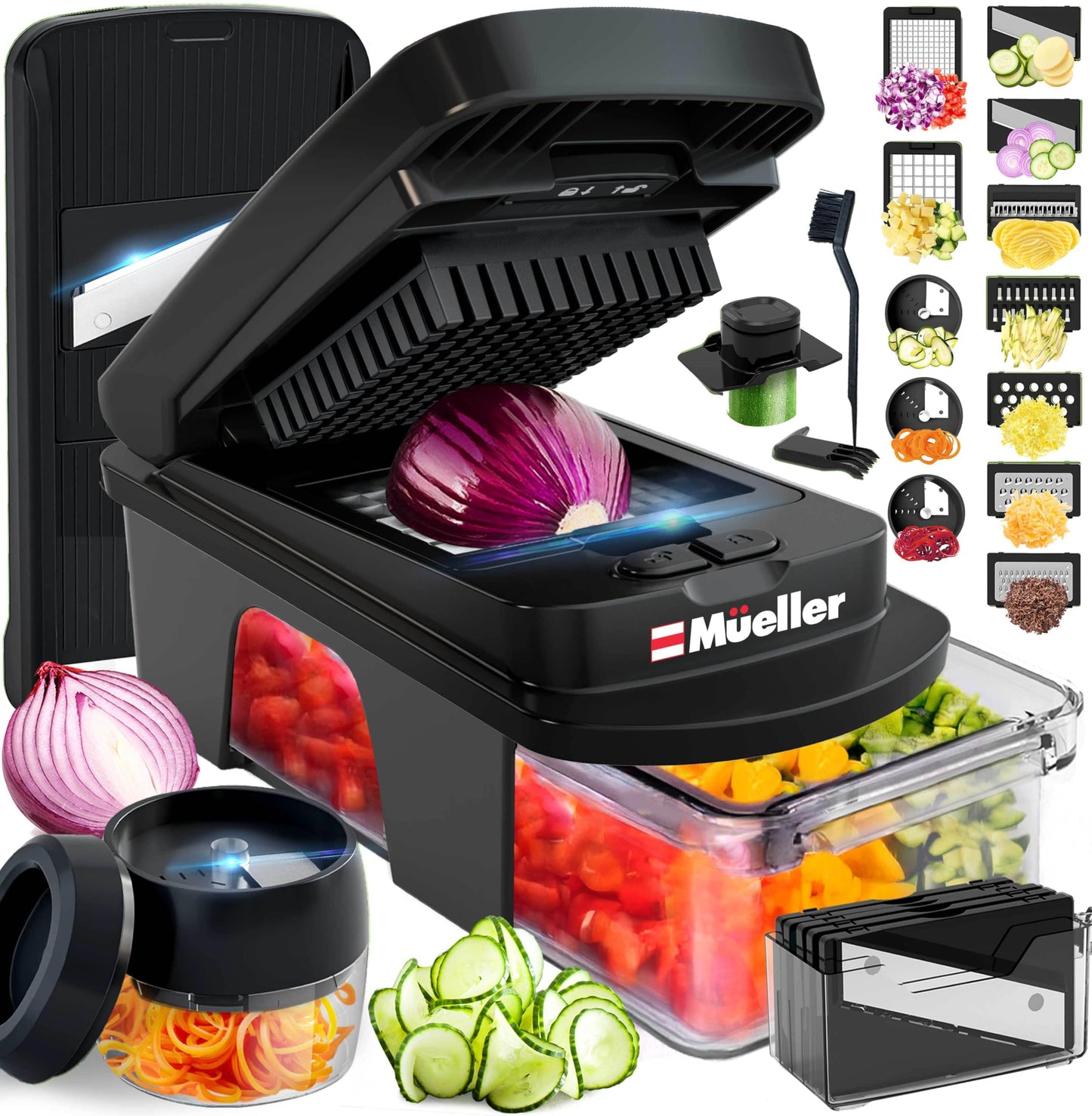 Mueller Pro-Series All-in-One, 12 Blade Mandoline Slicer for Kitchen, Food Chopper, Vegetable Slicer and Spiralizer, Cutter, Dicer, Grater, Kitchen Gadgets Sets with Container, White Sand/Gray