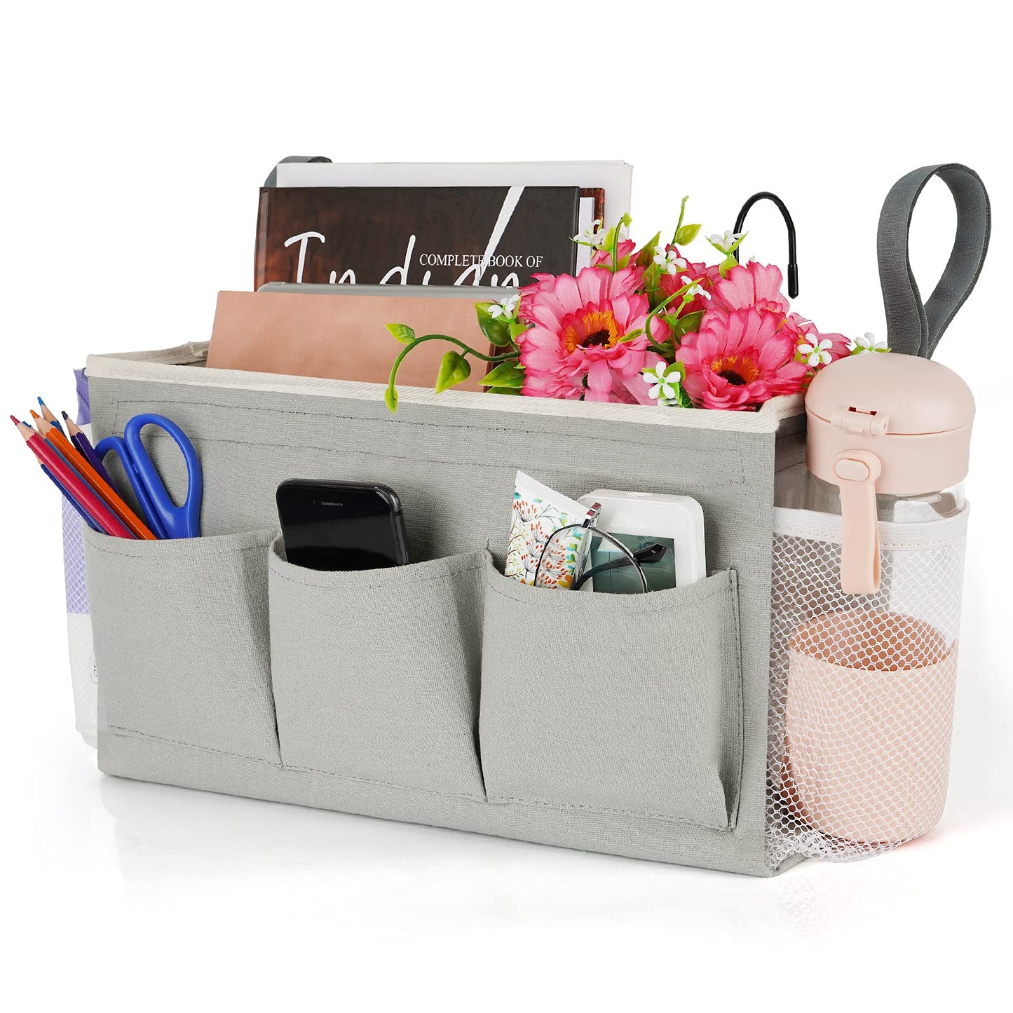 Lilithye Bedside Storage Organizer with Fixed Straps and Water Bottle Holder for Home, College, Dorm, Bunk / Hospital Bed, Crib Bed Rails (Grey)