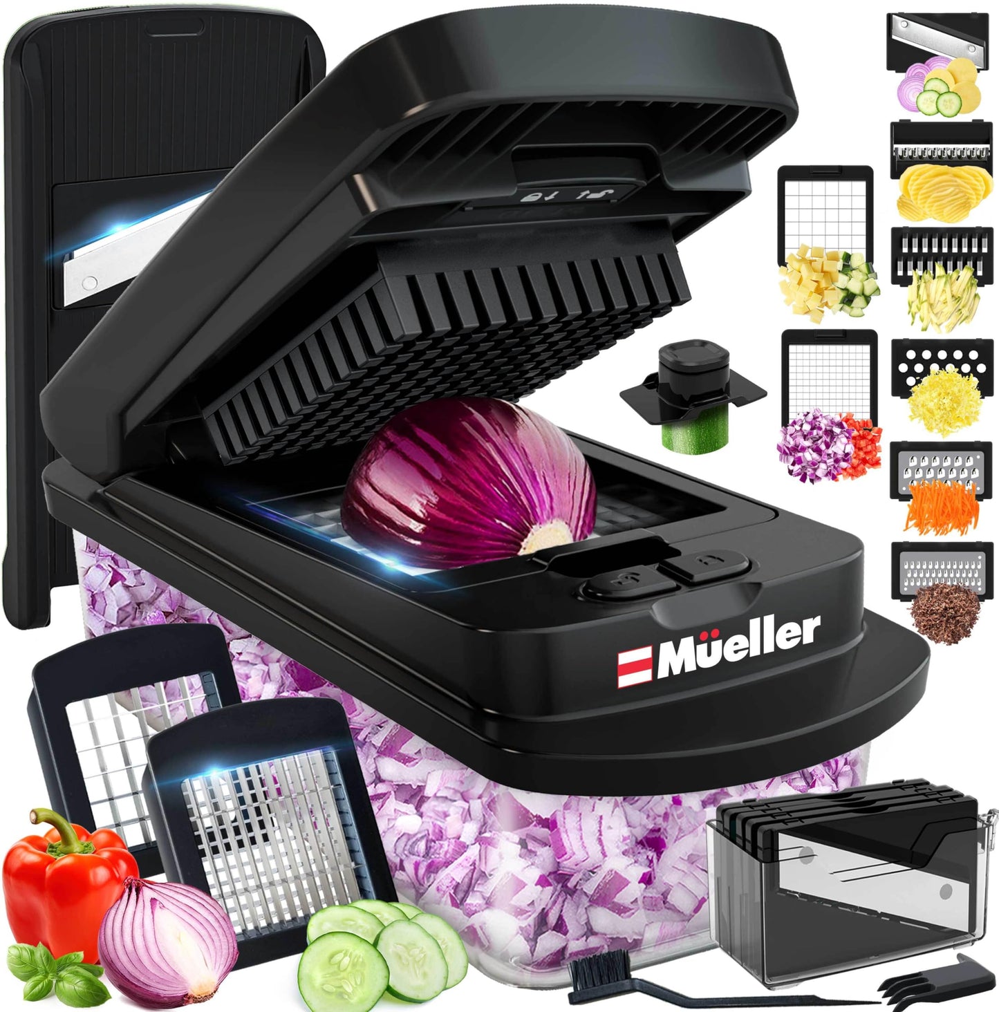 Mueller Pro-Series All-in-One, 12 Blade Mandoline Slicer for Kitchen, Food Chopper, Vegetable Slicer and Spiralizer, Cutter, Dicer, Grater, Kitchen Gadgets Sets with Container, White Sand/Gray