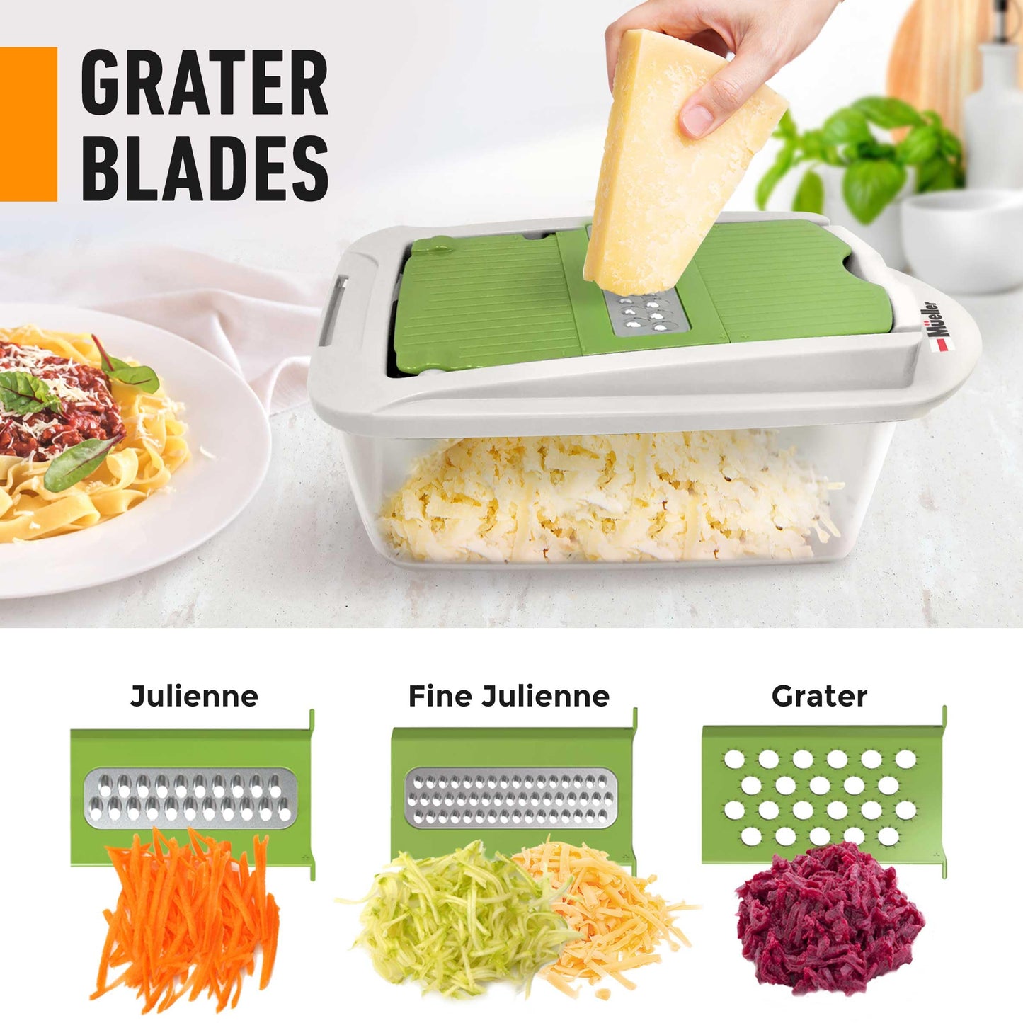 Mueller Pro-Series All-in-One, 12 Blade Mandoline Slicer for Kitchen, Food Chopper, Vegetable Slicer and Spiralizer, Cutter, Dicer, Grater, Kitchen Gadgets Sets with Container, White Sand/Gray