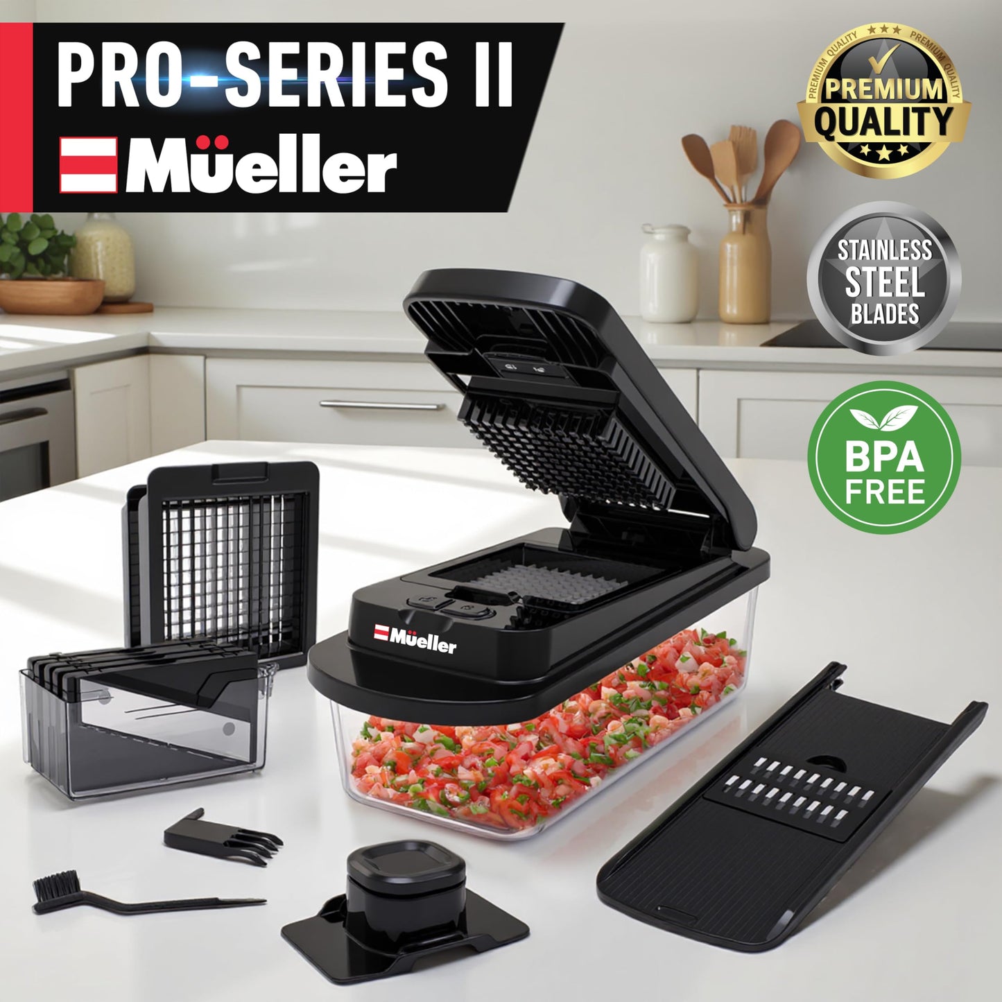 Mueller Pro-Series All-in-One, 12 Blade Mandoline Slicer for Kitchen, Food Chopper, Vegetable Slicer and Spiralizer, Cutter, Dicer, Grater, Kitchen Gadgets Sets with Container, White Sand/Gray
