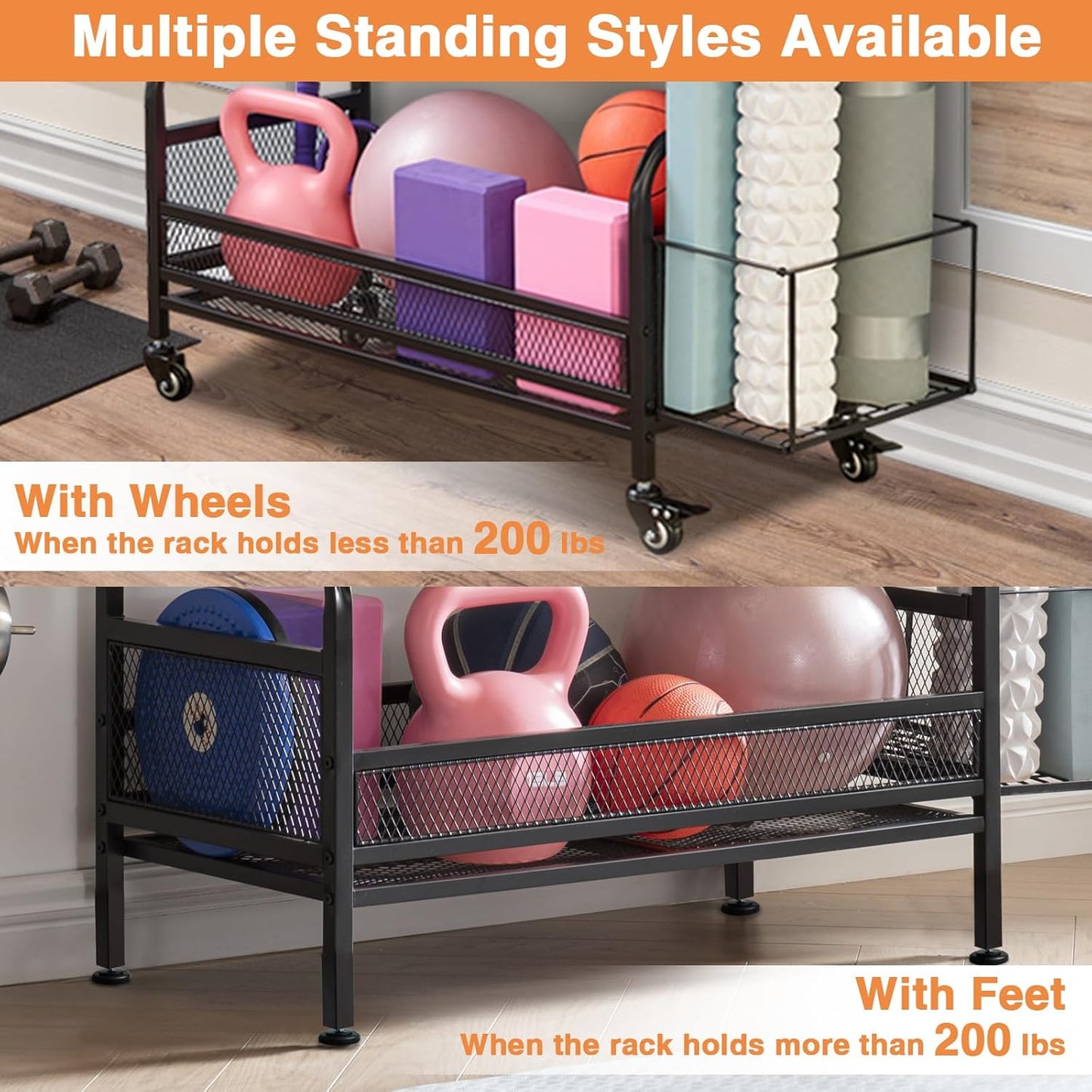 56'' Taller Home Gym Storage Organizer, Yoga Mat Storage Rack with Hanging Board, Exercise Workout Equipment Storage Stand for Home Gym, Dumbbell Holder Kettlebell Rack with Wheels and Hooks