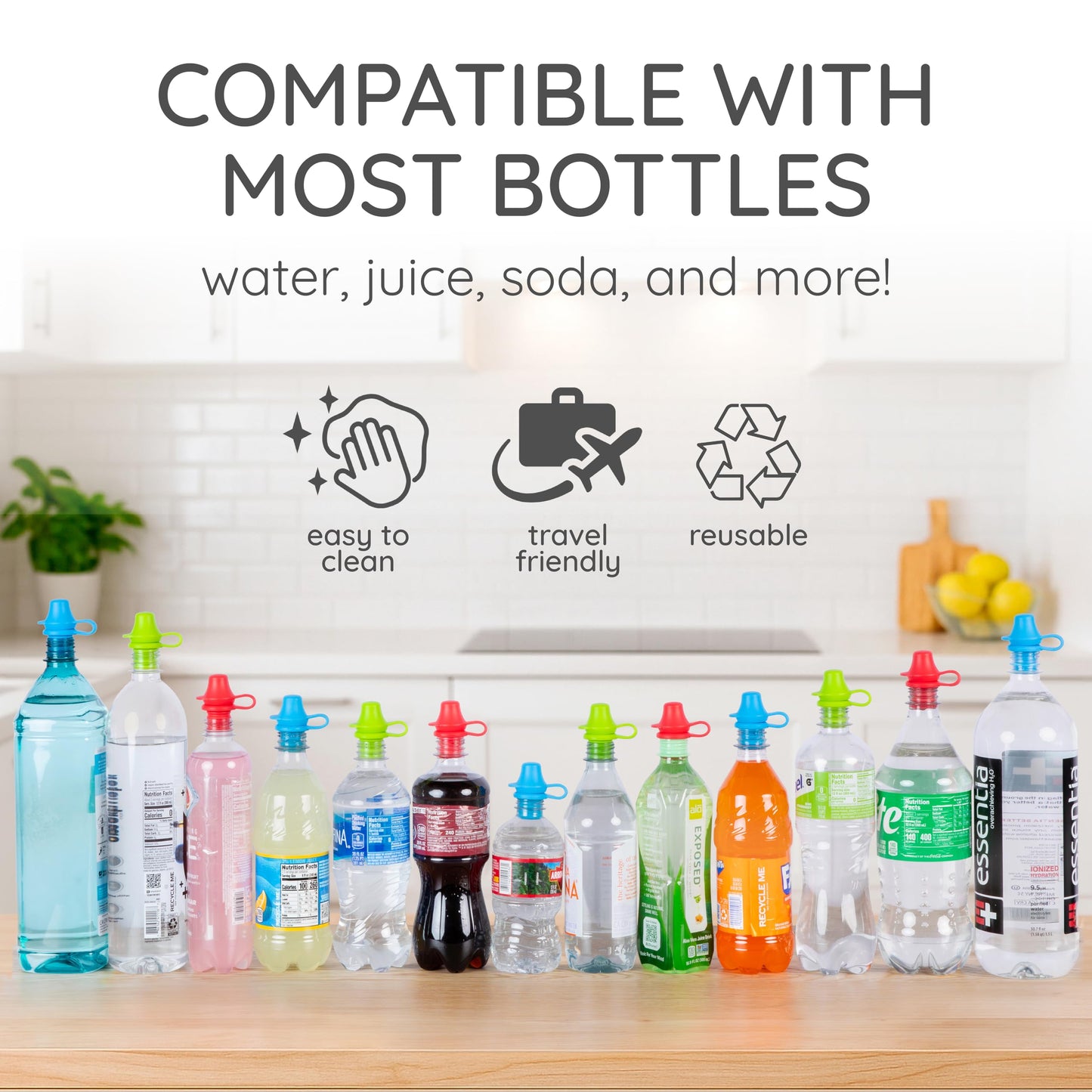 Kiddikap Original Water Bottle Topper for Toddlers – 100% Silicone Sippy Top Spout with Protective Cap Makes The Bottle Top a Spill Proof Lid for Kids and Adults - 3 Pack - Original