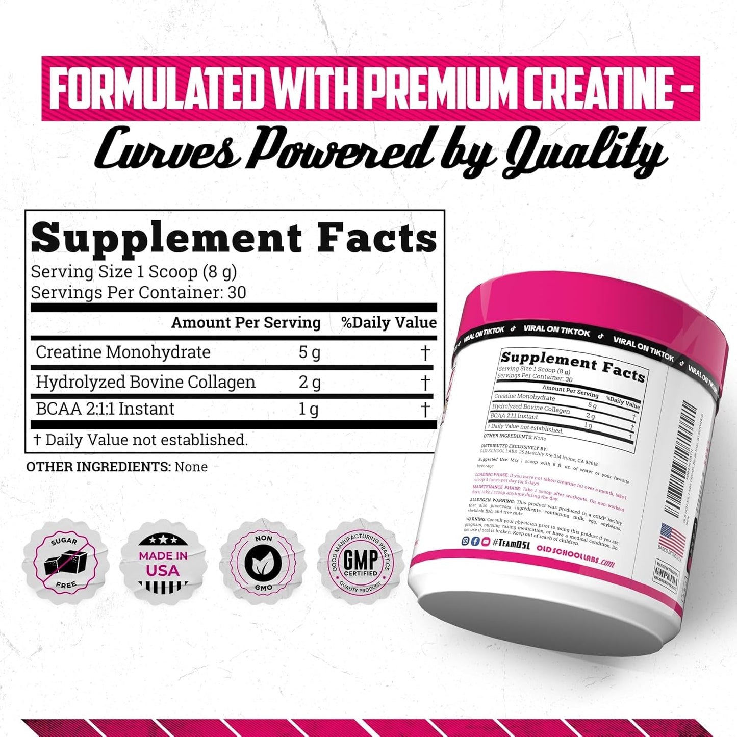 Old School Labs 5000mg Creatine Monohydrate Powder, Optimized Creatine for Women +2000mg Collagen +1g BCAA 2:1:1 Supports Lean Muscles & Recovery, Energy & Stamina - Made in USA, 30 Servings