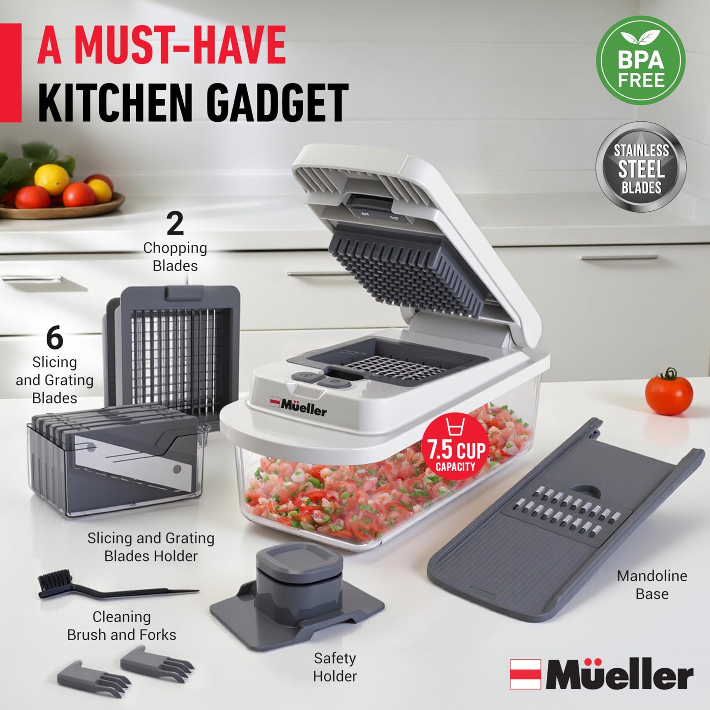 Mueller Pro-Series All-in-One, 12 Blade Mandoline Slicer for Kitchen, Food Chopper, Vegetable Slicer and Spiralizer, Cutter, Dicer, Grater, Kitchen Gadgets Sets with Container, White Sand/Gray