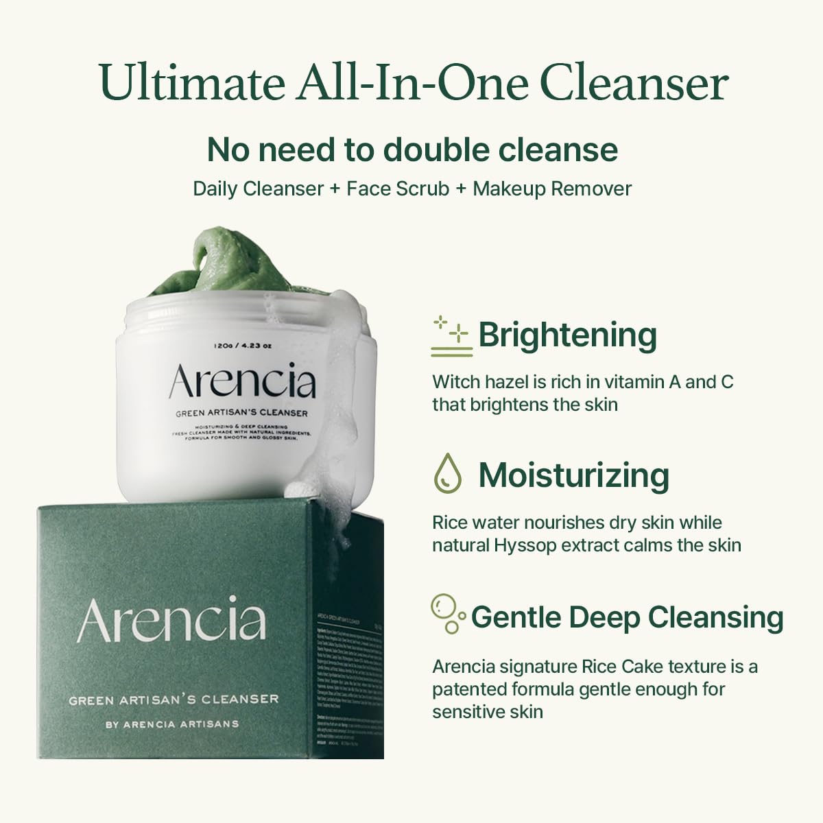 ARENCIA Korean Rice Mochi Face Cleanser - Face Wash, Gentle Scrub All in One for Deep Cleansing, Moisturizing, Pore Minimizing, Acne-Prone Skin, Removing Blackhead with Rice Water & Green Tea