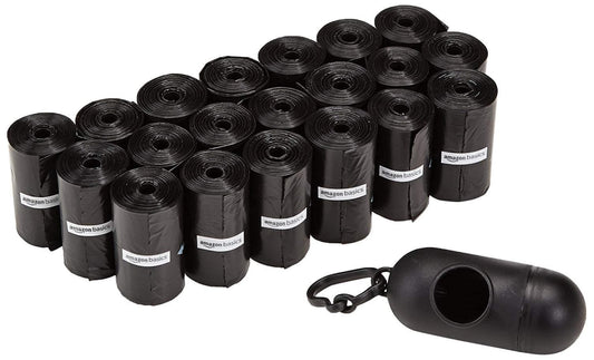 Amazon Basics Dog Poop Leak Proof Bags with Dispenser and Leash Clip, Unscented, 300 Count, 20 Pack of 15, Black, 13 x 9 Inch