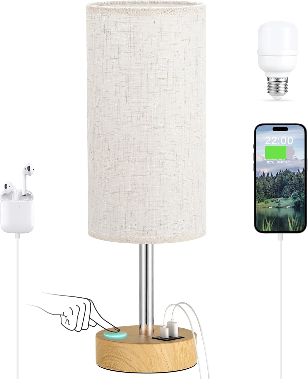 Touch Bedside Table Lamp with USB - 3 Way Dimmable Wood Lamp for Bedroom Nightstand, Desk Lamp with Charging Station for Dorm, Living Room, Office, Kids Room, Small, 14in