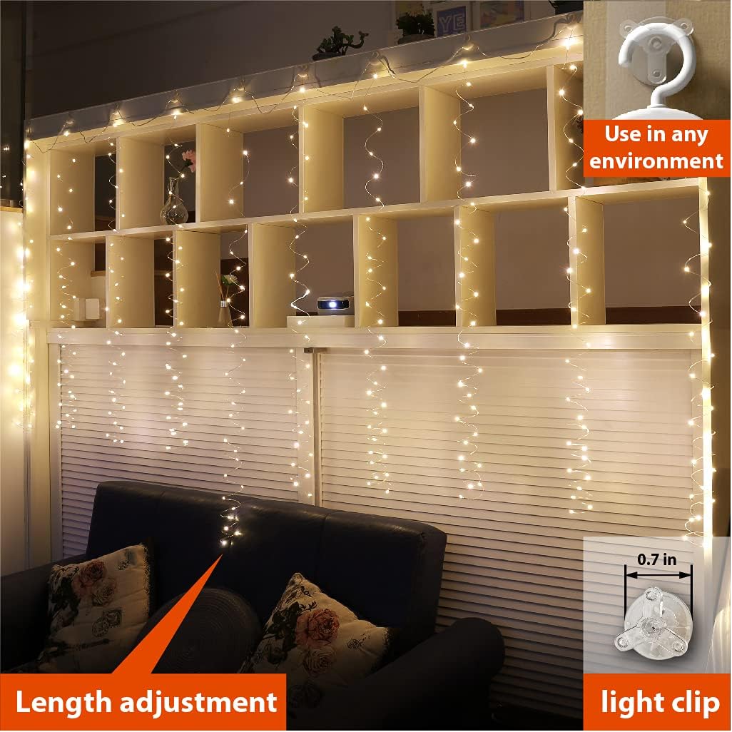ZSJWL 300 LED Curtain Fairy Lights with Remote, 8 Modes 9.8 × 9.8 Ft Curtain String Light USB Plug in, Twinkle Copper Wire Lights for Bedroom Window Chrismas Wedding Party, Warm White
