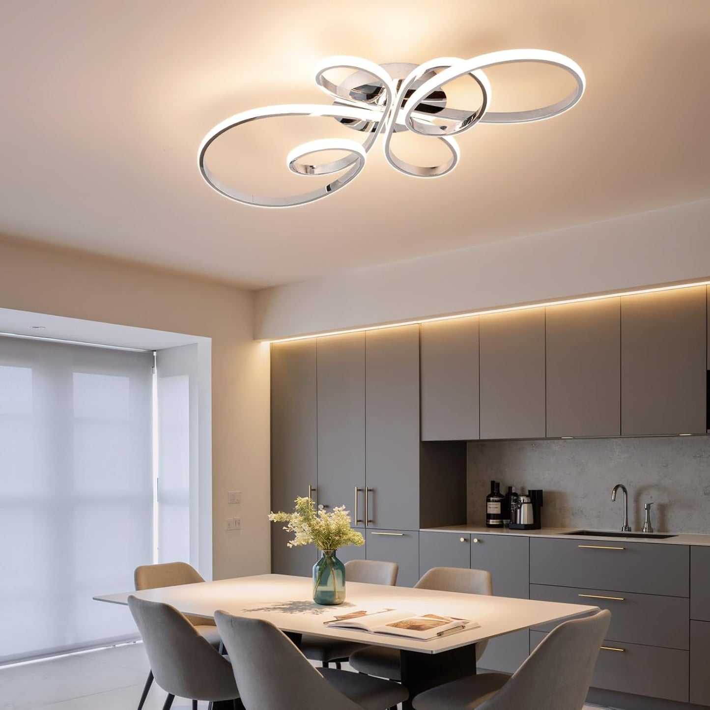 66W Modern LED Ceiling Light, 5 Rings Flower Flush Mount Light Fixture with Remote Control Chrome Dimmable Ceiling Lamp for Living Room, Bedroom, Dining Room, Hallway, Kitchen