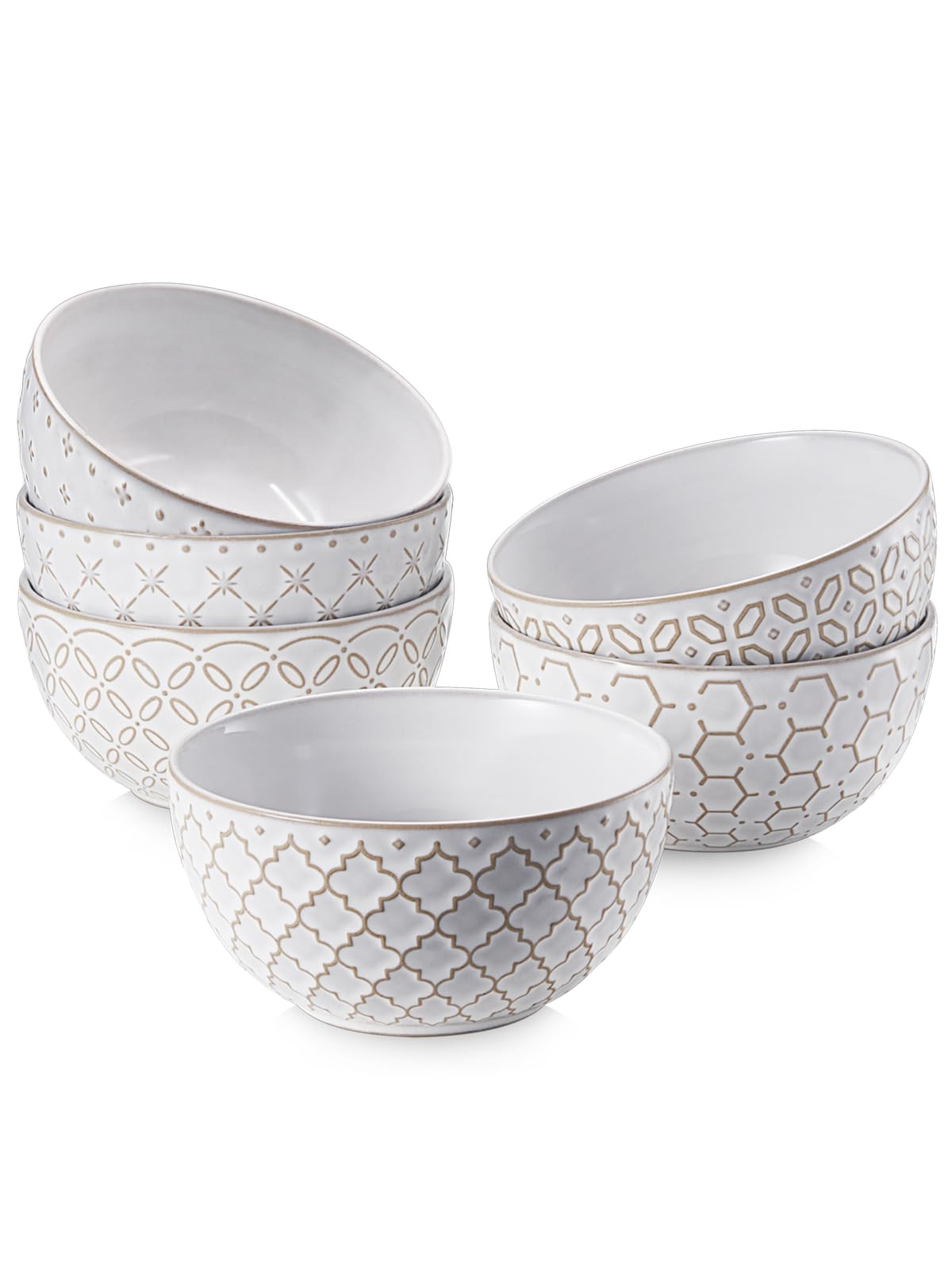 DOWAN Soup Bowls Set of 6, 22 OZ Cereal Bowls for Kitchen, 6" Ceramic Embossment Bowl for Salad, Pho, Fruits, Rice, Large Bowls Decor & Housewarming Gift, Dishwasher & Microwave Safe