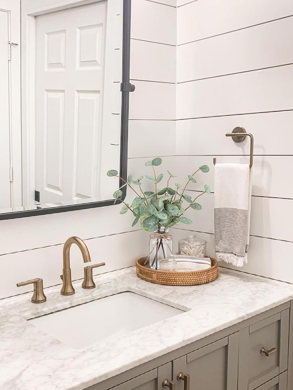 Artificial Eucalyptus Stems in Glass Vase with Faux Water, 13.5” Fake Plants for Home Decor, Coffee Table Centerpieces, Office, Bathroom & Farmhouse Weddings - Faux Greenery Plants Decorations