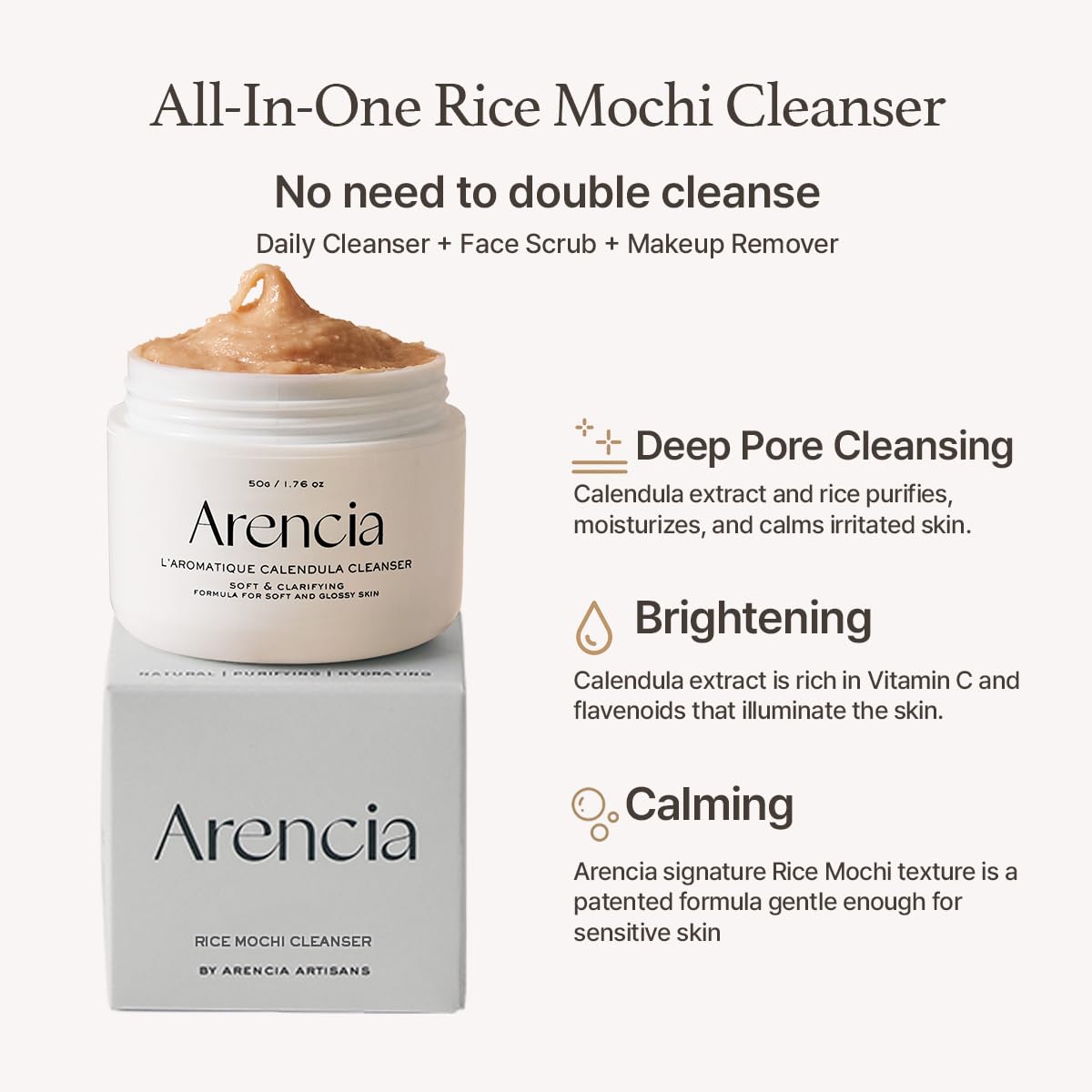 ARENCIA Korean Rice Mochi Face Cleanser - Face Wash, Gentle Scrub All in One for Deep Cleansing, Moisturizing, Pore Minimizing, Acne-Prone Skin, Removing Blackhead with Rice Water & Green Tea