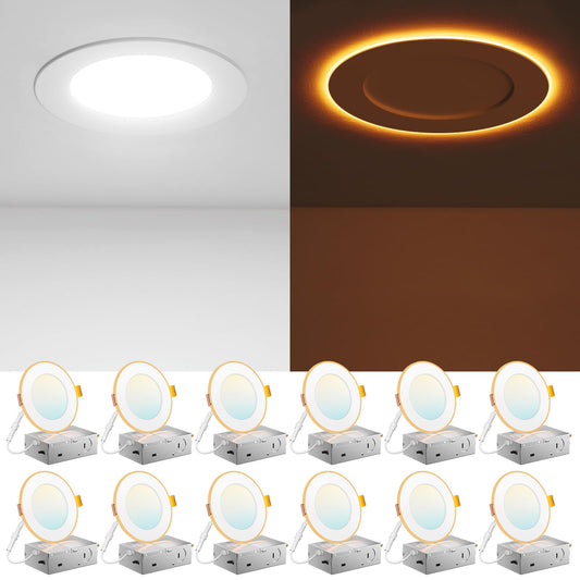 Amico 12 Pack 4 Inch 5CCT LED Recessed Ceiling Light with Night Light, 2700K/3000K/3500K/4000K/5000K Selectable Ultra-Thin Lighting, 10W=90W, 700LM, Dimmable Canless Wafer Downlight - ETL&FCC