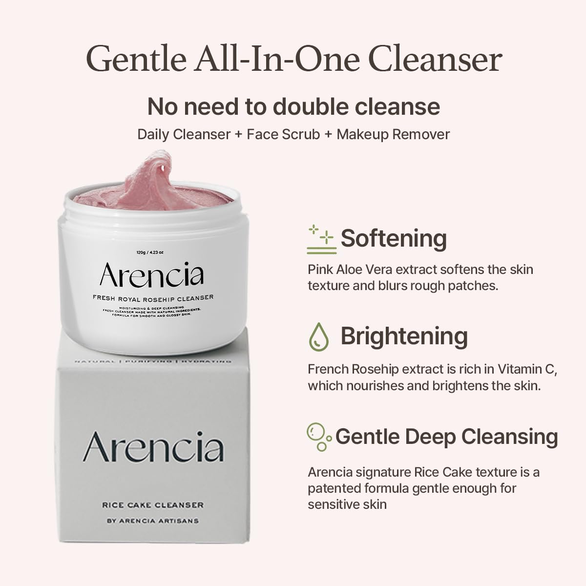 ARENCIA Korean Rice Mochi Face Cleanser - Face Wash, Gentle Scrub All in One for Deep Cleansing, Moisturizing, Pore Minimizing, Acne-Prone Skin, Removing Blackhead with Rice Water & Green Tea